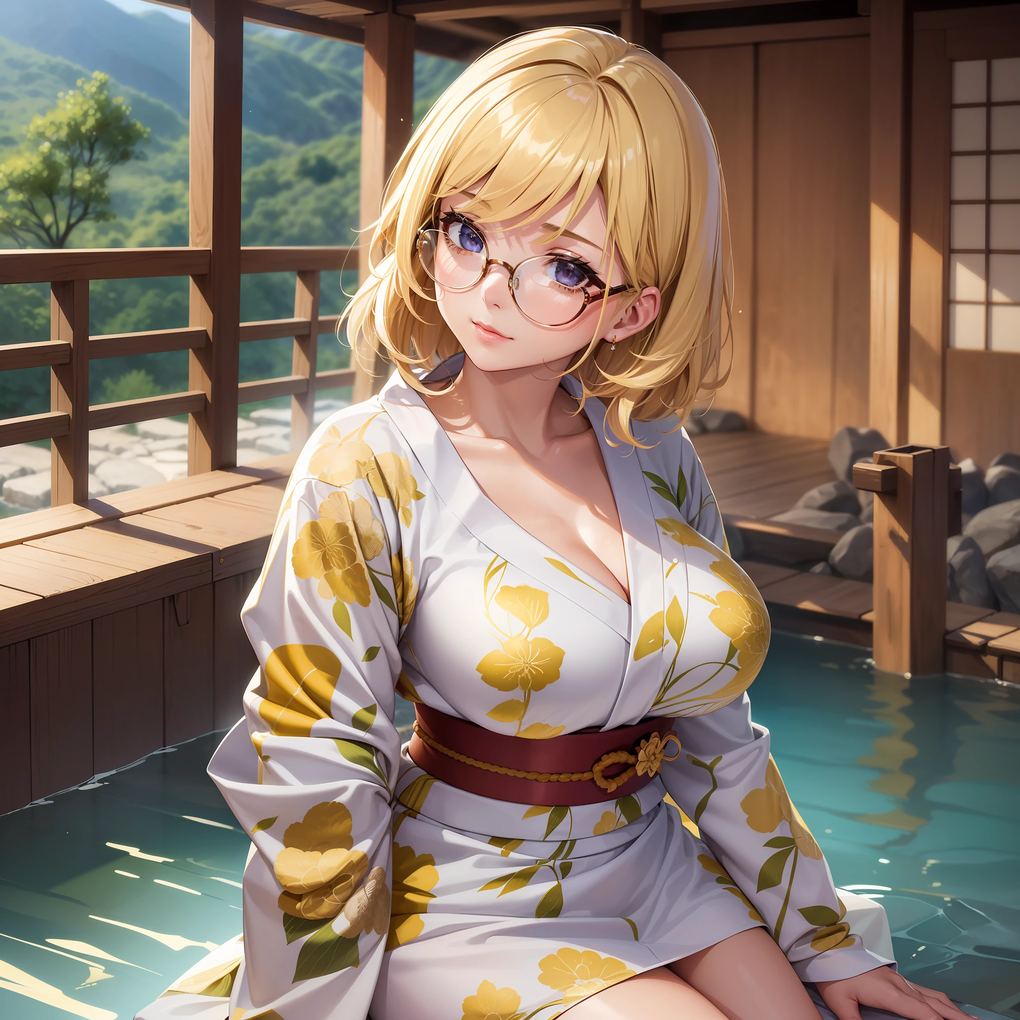 1 Beautiful Girl,8K,Best Quality,Masterpiece(3G),Perfect Body Line (Wheat-Colored Skin,Big),22 Years Old,College Student,Yukata (Best Quality),Big Glasses,Highly Detailed Background(Hakone Onsen,High Quality,Asahi),Hakone Gal,Foreigner(Quality Top Quality), Beautiful Lighting,Short Hair (Blonde,Moisturized Hair Quality)