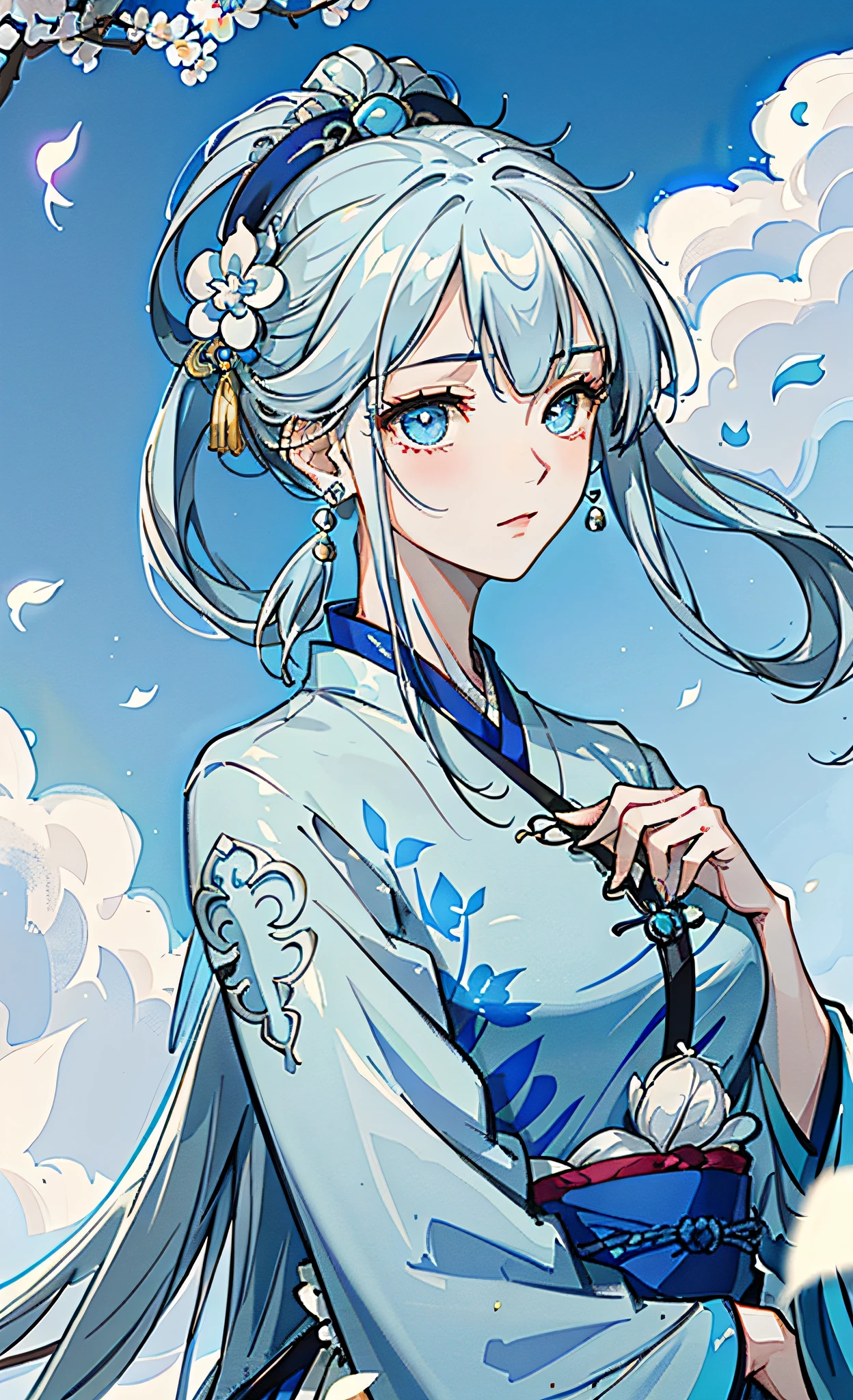 Mature girl, blue and white hair color, floating hair, delicate and flexible eyes, intricate brocade hanfu, gorgeous accessories, wearing pearl earrings, FOV, f/1.8, masterpiece, ancient Chinese style architecture, blue sky, flower petals flying, front portrait shot, Chang'e, side lighting, sunlight shining on people