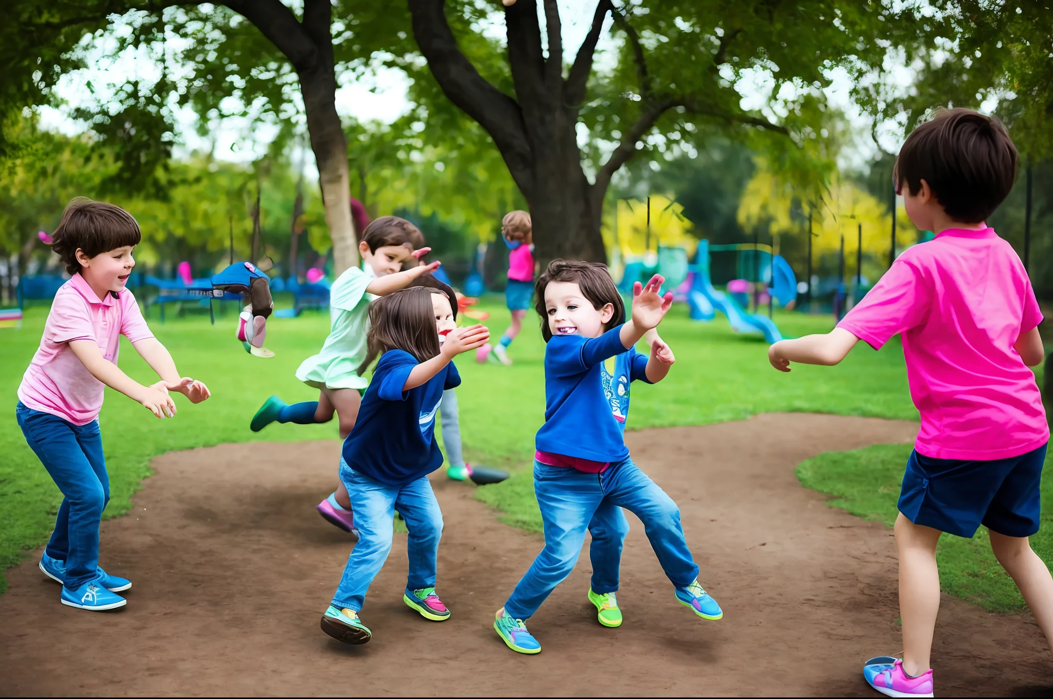 A full picture of three five-year-old children playing and having fun in a small children's park, accurate facial details, cinematography, high resolution