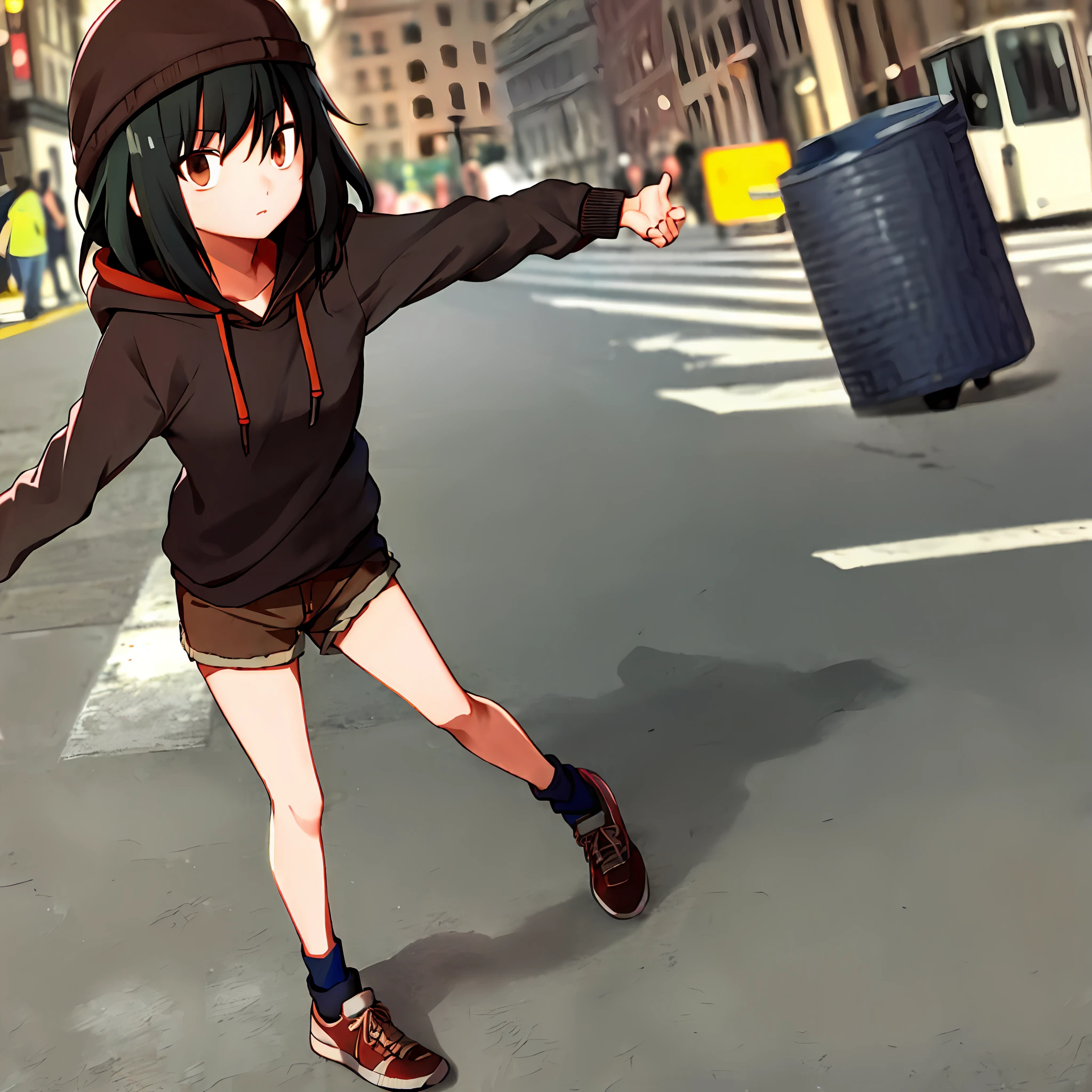 (masterpiece, best quality), 1girl, solo, tomoko-kuroki, black hooded sweater, red cap, brown shorts, (crowded street background), looking at the viewer, american photo, dynamic pose, body as description