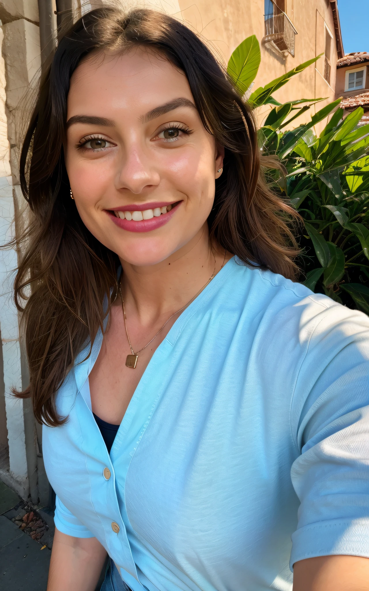 1 young 27 years ((upper body selfie, smiling)), masterpiece, best quality, ultra-detailed, restaurant, (noirte), nature, cheerful, happy, backpack, light blue closed-sleeve shirt, shadows, contrast, clear sky, style, (warm hue, warm tone: 1.2), close-up, cinematic light, side lighting, ultra high resolution, best shadow, RAW, body face part, serious look, normal breasts, 4k,