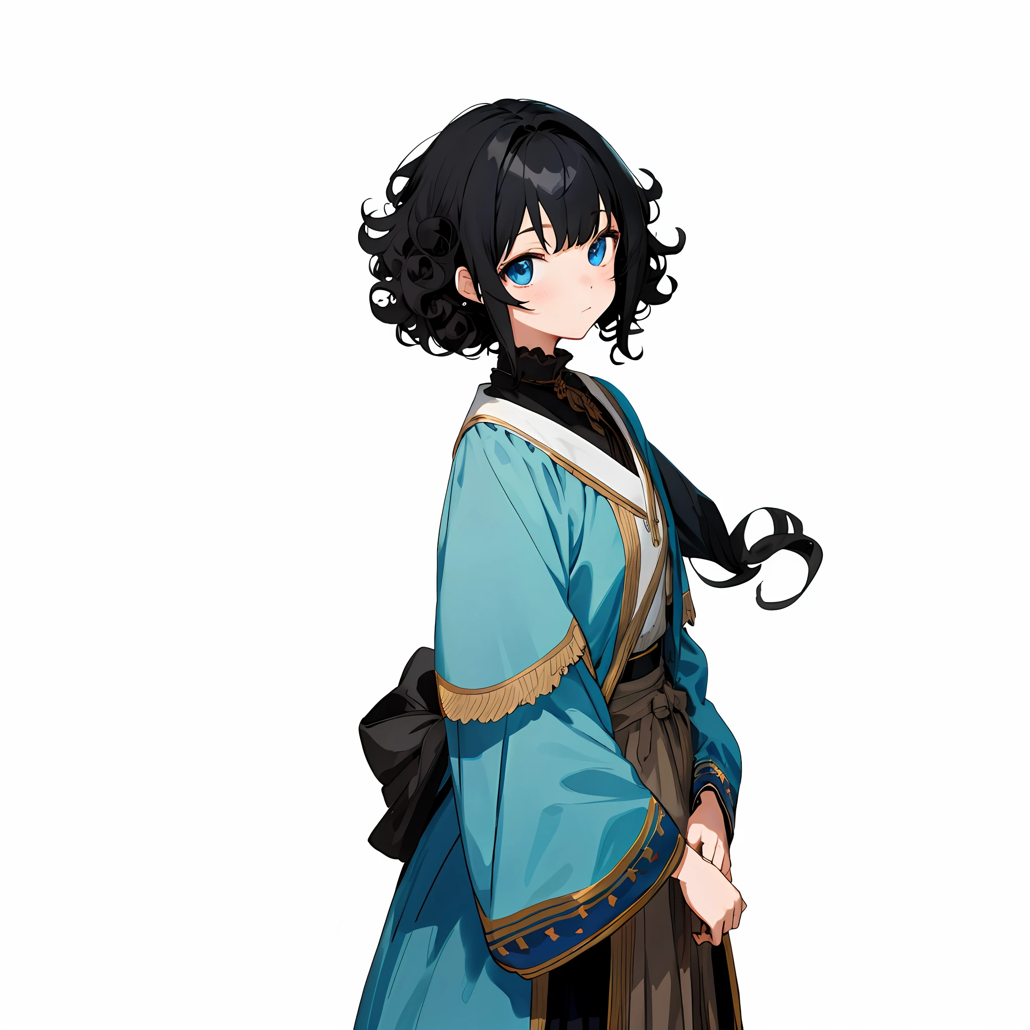 anime girl, curly black hair, blue eyes, European period clothes