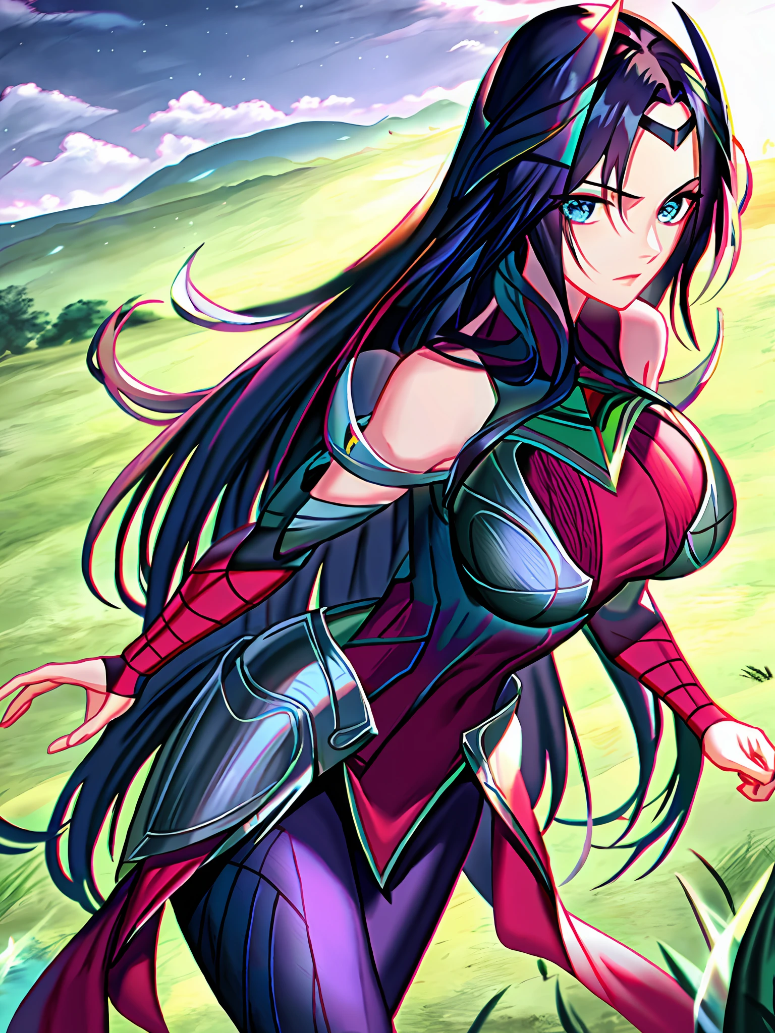 grass, field, sky, irelia, league of legends, (dark purple legwear), highres, 1girl, armor, arm wrap, moderately big breasts, bangs, bare shoulders, blade, blue eyes, blue hair, covered navel, forehead protector, lips, long hair, medium breasts, off shoulder, parted bangs, parted lips, pelvic curtain, standing, solo, flashing naked tits