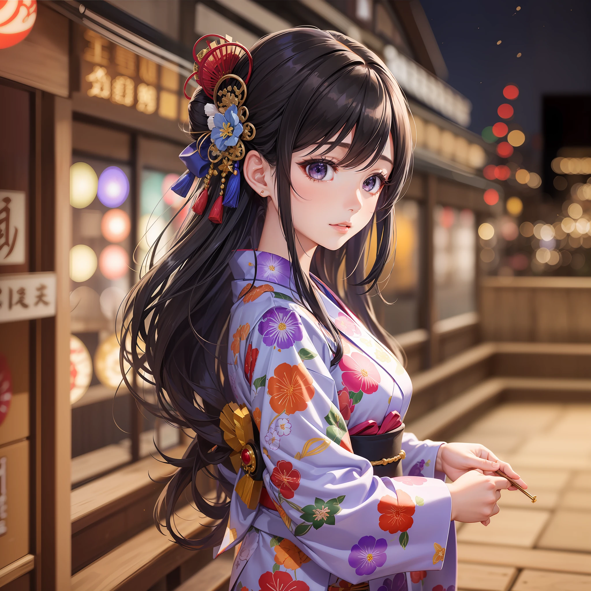 1 Beautiful Girl,8K,Best Quality,Masterpiece(3G),Perfect Body Line,22 years old,College student,Japanese style yukata (highest quality),Kanzashi,Highly detailed background (Fireworks display, quality of high quality,Night),Izu beauty,Japan person(quality highest quality),Beautiful lighting,Long hair (black hair,Moisturized hair quality)