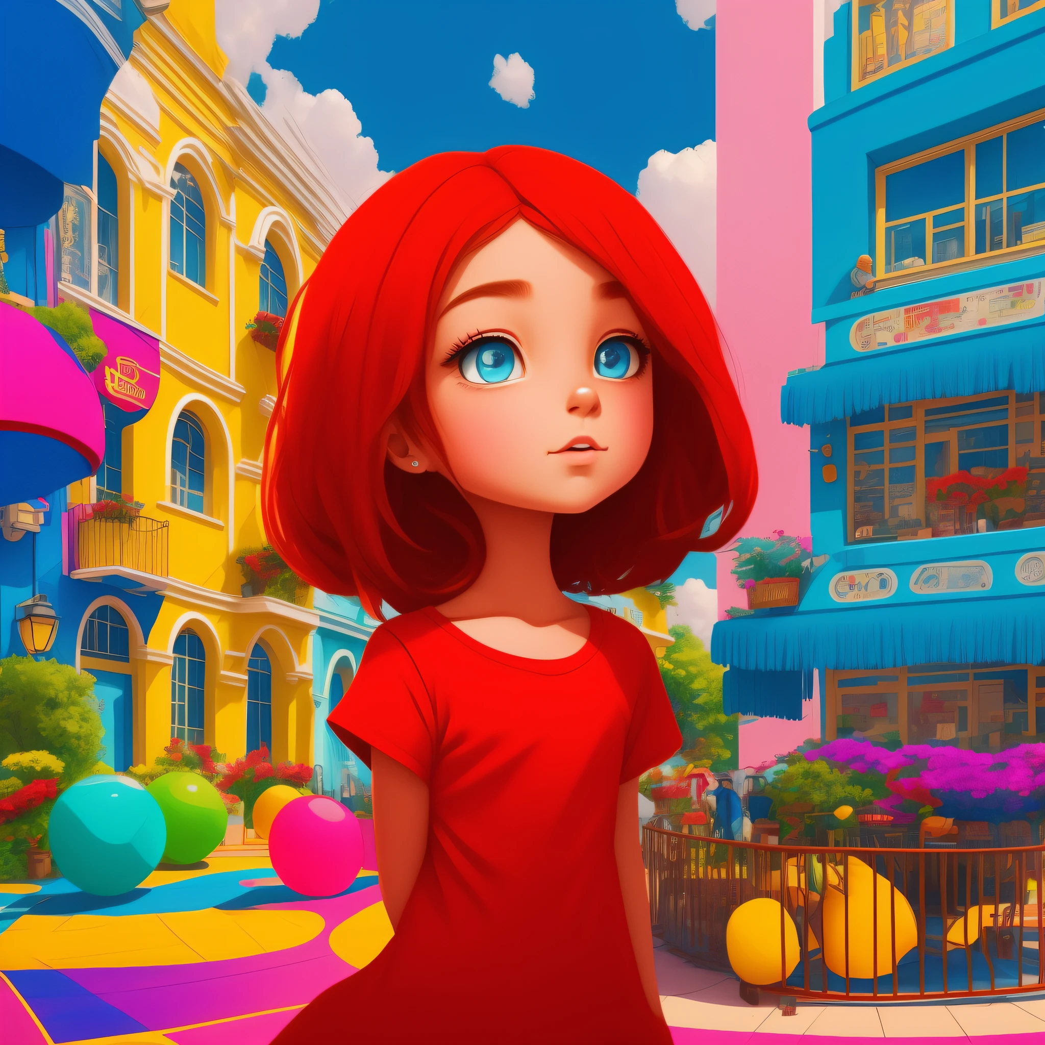 girl, animation, red, blue eyes, yellow shirt, yellow burrow, colorful urban environment, well detailed --auto --s2