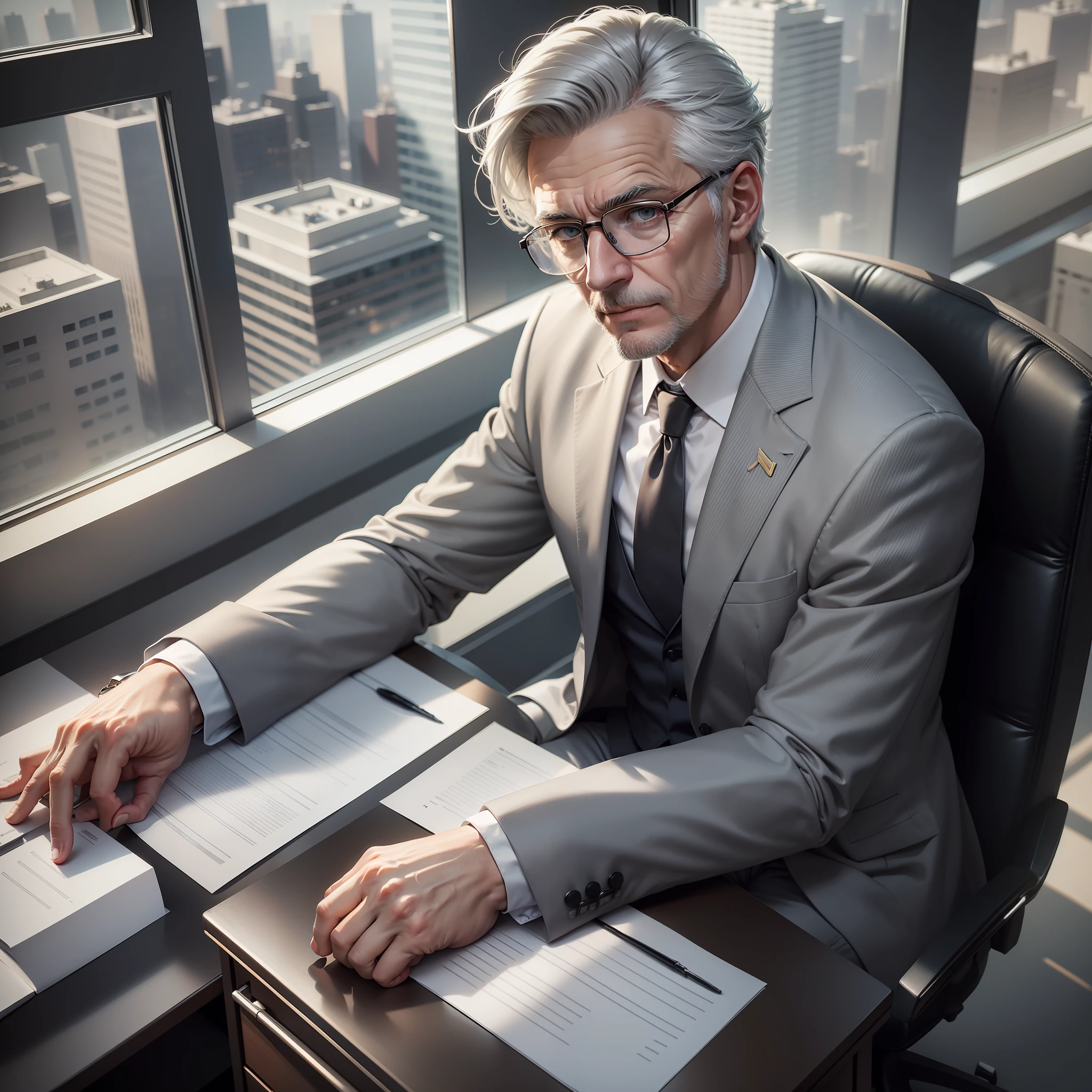 Ultra realistic mage of a gray-haired man, wearing glasses, dressed in a suit, sitting at a large desk, a CEO's office on the top floor, buildings in the window landscape