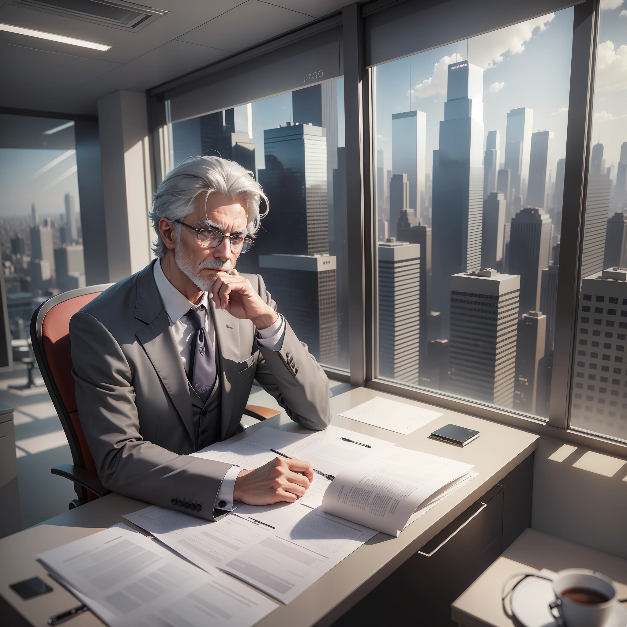 Ultra realistic mage of a gray-haired man, wearing glasses, dressed in a suit, sitting at a large desk, a CEO's office on the top floor, buildings in the window landscape