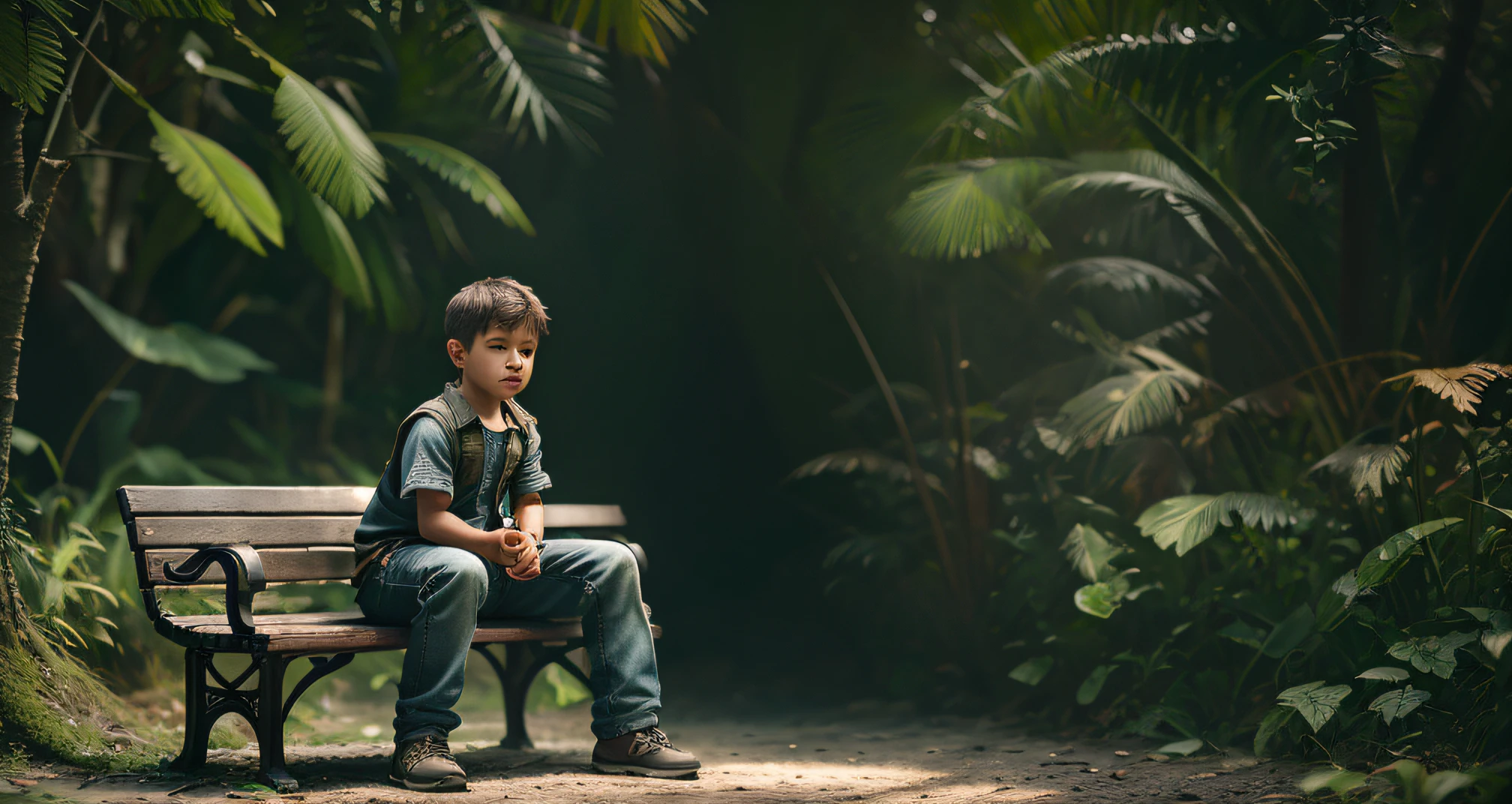 a boy, with father, sitting, on a bench, 8k, RAW photo, best quality, masterpiece: 1.5, ultra high resolution, photorealistic: 1.5, cinematic light, soft volumetric lighting: 1.5, realistic, photorealistic: 1, detailed skin, professional lighting, photography, sharp focus, detailed, professional lighting, photon mapping, detailed and intricate environment, highly detailed, best quality, artistic photography, photorealistic concept art, natural volumetric soft light perfect cinematic, MIDJOURNEY