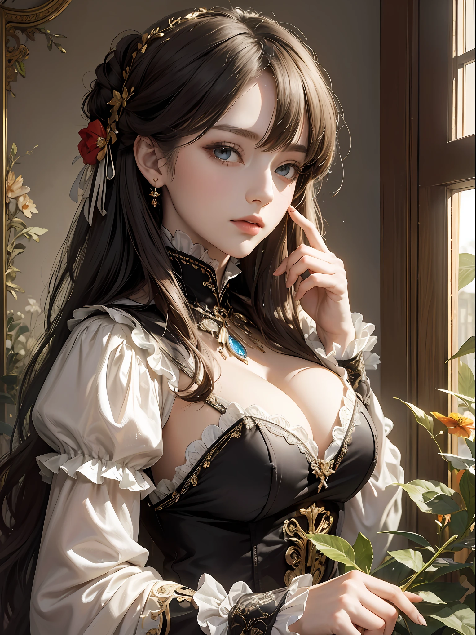 (Pure Color: 0.9), (Color: 1.1), (Masterpiece: 1,2), Best Quality, Masterpiece, High Resolution, Original, Highly Detailed Wallpaper, Beauty, Victorian, Dress, Melancholy, Big Breasts, Sepia Color, 30 years old --auto --s2