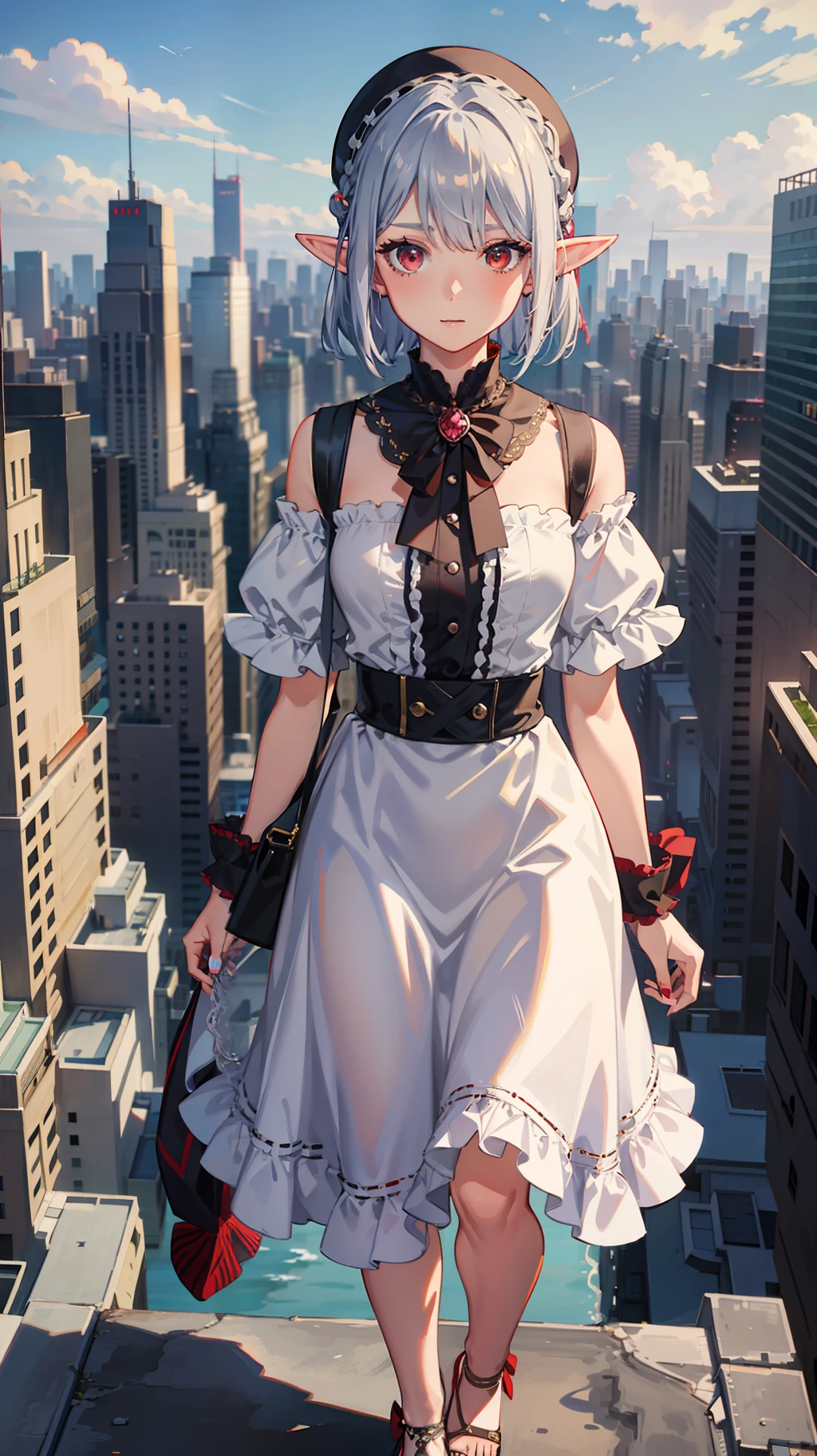 Overlooking the city, 1 girl full body, elf, silver hair, red eyes, bob cut, braid, maid, walking, beautiful cityscape, concept art, beautiful anime scene, beautiful anime scenery, top rating on pixiv, best quality, 4K