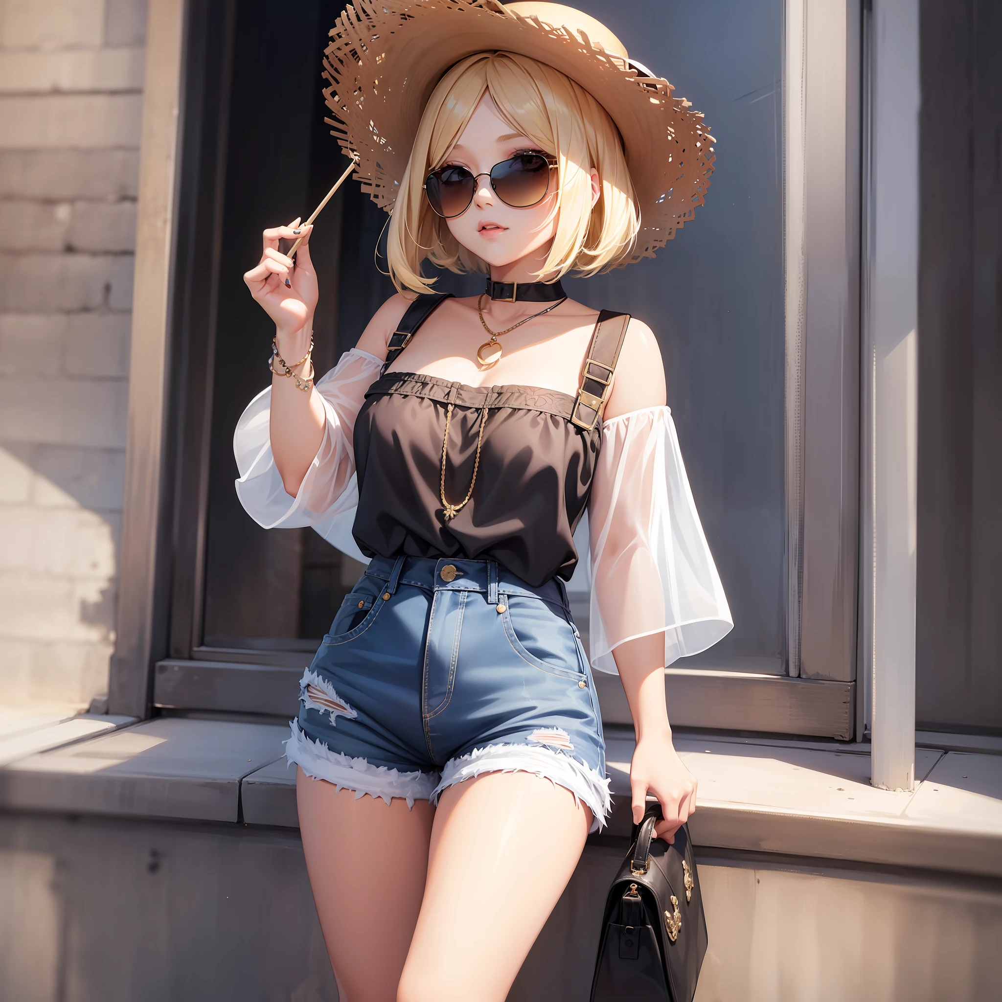 1 Beautiful girl, blonde bob hair, denim shorts, big sunglasses, perfect style 1 beautiful girl, long black hair, white dress, big straw hat, perfect style
