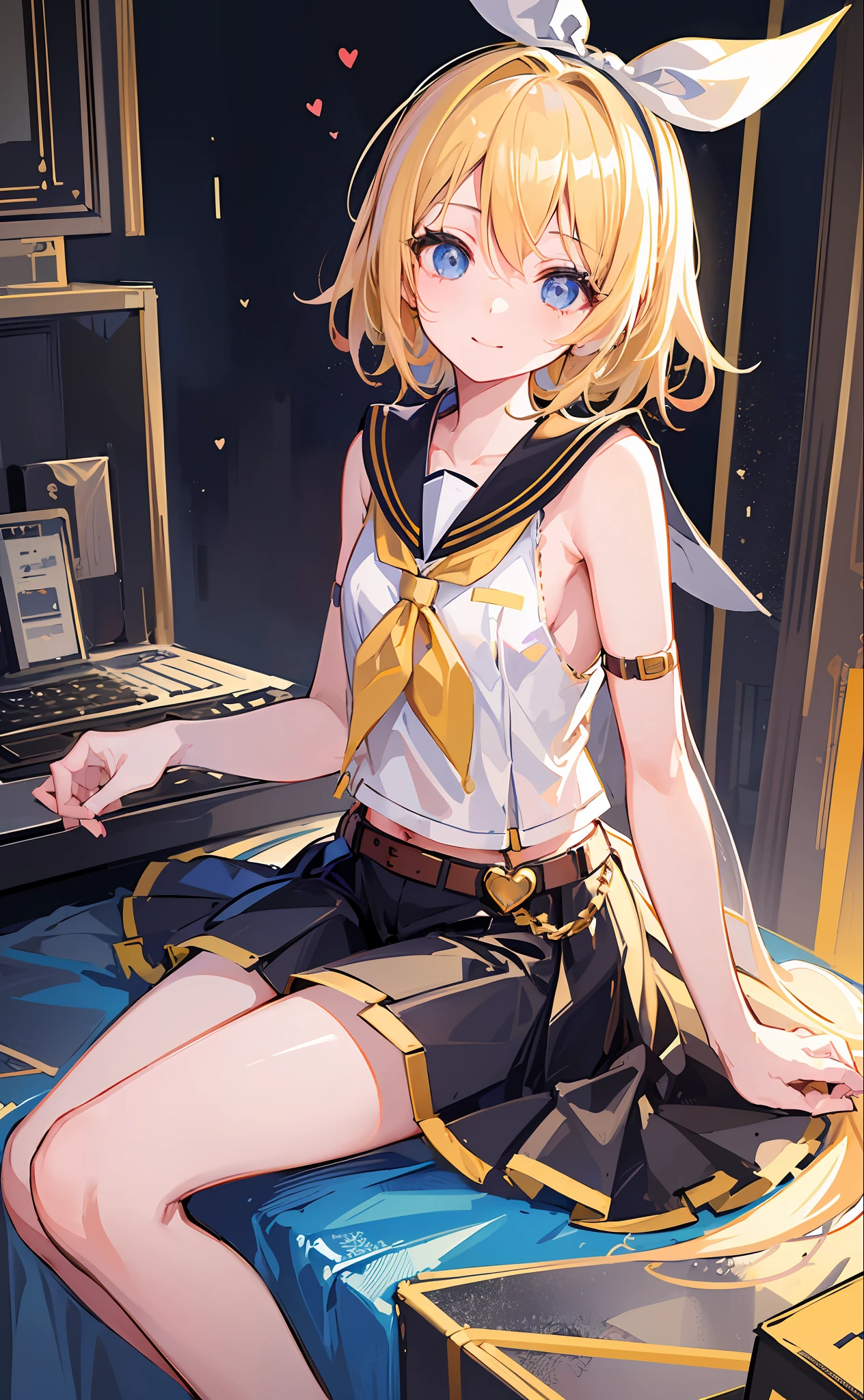 Masterpiece, Top Quality, Illustration, Ultra Detail, High Resolution, Absurdity, One Girl, (Kagamine_Rin: 1.5), Vocaloid, Very Cute, (Blonde), Short Hair, Hair Clip, (Beautiful Blue Eyes), Lifely Eyes, (Bright Eyes: 1.2), Beautiful Girl, Smiling, [Sailor Suit in White Tone], (Black Shorts: 1.5), Belt, shoulder is cut off, (yellow neckerchief), [White hair clip], [Headphones], viewer loves, heart, love love, light, delicate hands, innocence, (juvenile: 1.2),  girl, loli, rlfriend, bedroom, night, delicate eyes, bare legs, blue archive style, bishōjo anime style