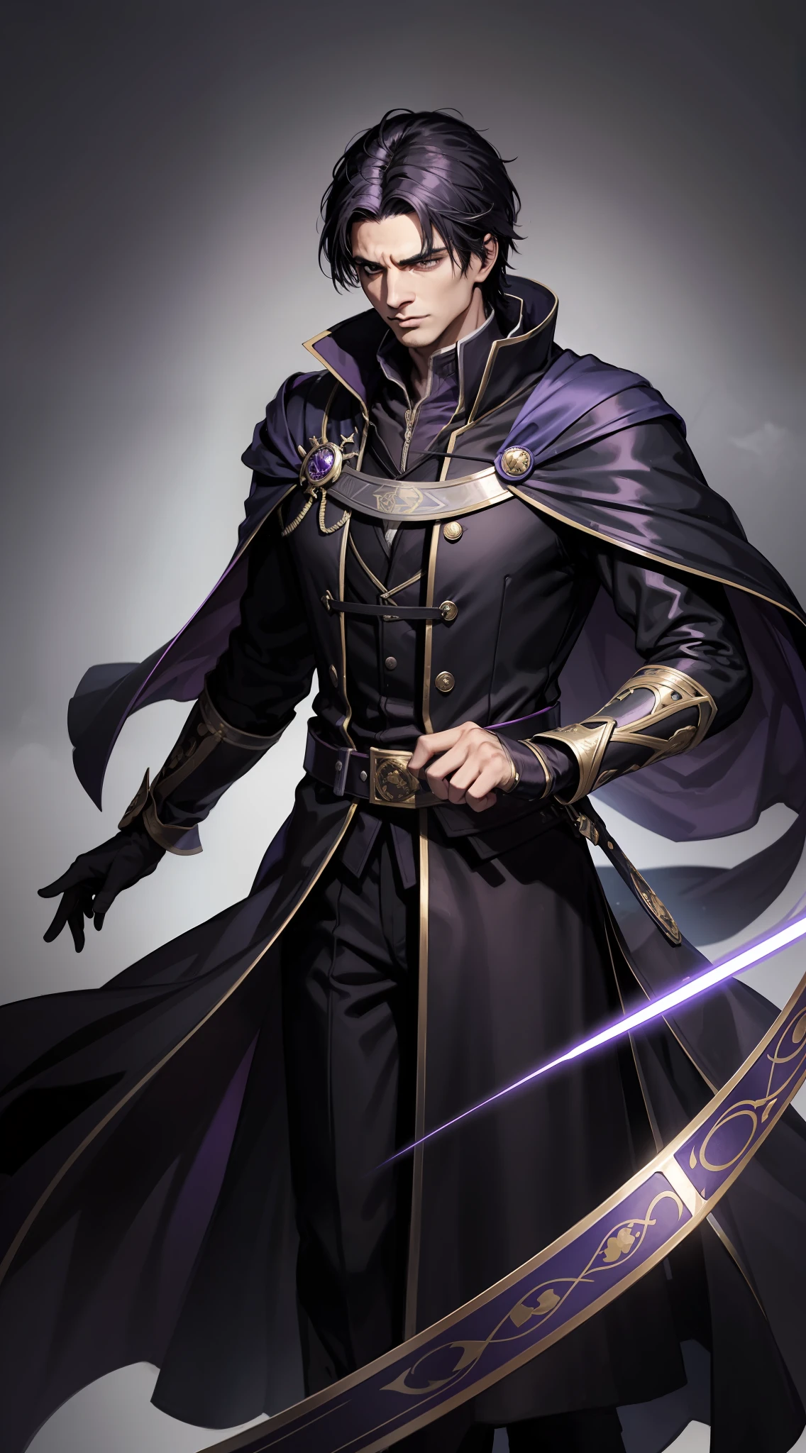 A man of 26, black hair and thrown back and a cloak covering his face, he dresses like a magician but in fact he is a skilled warrior with the (French saber) and with the playing cards he throws, his hair is black and is thrown back, he wears elegant clothes with the colors black and purple in addition to wearing white gloves he also and able to generate a very dense purple smoke (landscape a clock tower)