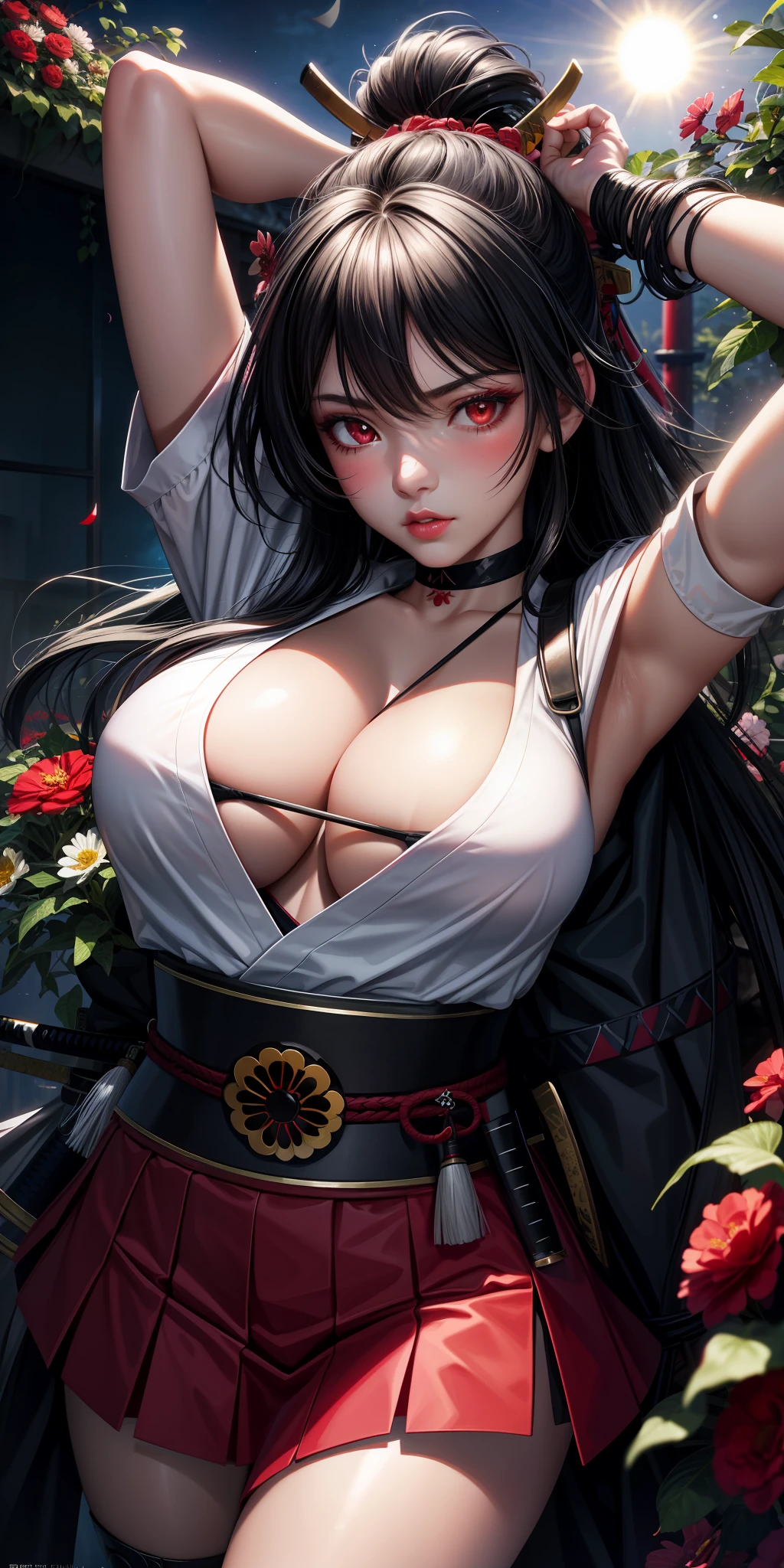 realistic, 1girl, black hair, red eyes, bright eyes, cropped top, skirt, lips half-open, blush, night, flowers, sun, sunlight, large breasts, hashira, samurai, katana, kunai