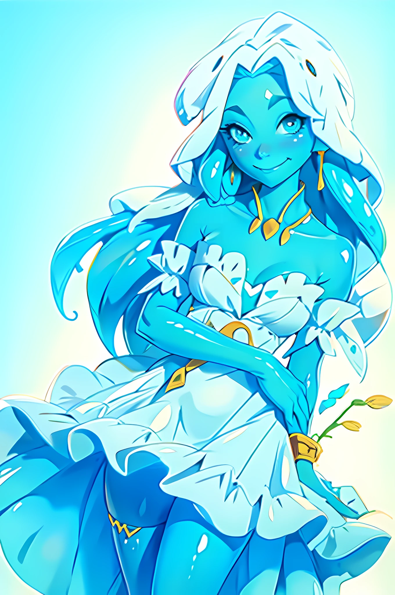 Highly detailed, high quality, masterpiece, Slimecore, monster girl, slime girl, smile, blue slime, cowboy throw, (((white dress without fabric straps)),strapless,sleeveless,