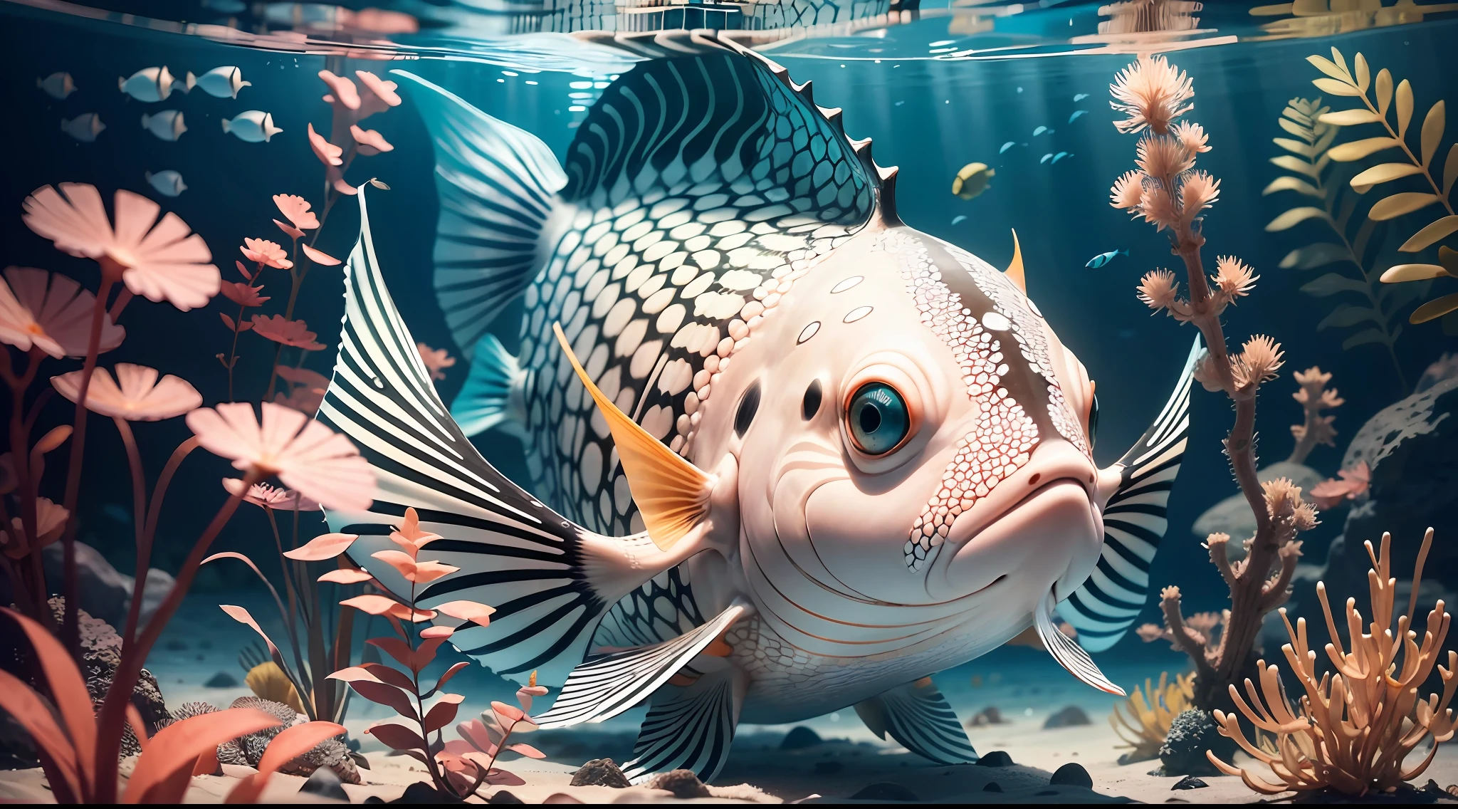 Zoom in on a single Pterophyllum fish named Wanda as it gracefully swims through a vibrant underwater world. Wanda's body is adorned with striking zebra-like stripes in contrasting black and white, creating a captivating visual pattern. The water surrounding Wanda is teeming with live algae and anemones, adding to the lively atmosphere. As the camera focuses on Wanda, the intricate details of its sleek body and delicate fins become prominent, showcasing its elegance and beauty. The image captures a close-up view of Wanda, allowing the viewer to appreciate the mesmerizing textures and colors of the fish up close. This detailed macro photograph is taken with a high-resolution camera and a specialized macro lens, ensuring every intricate detail is vividly portrayed