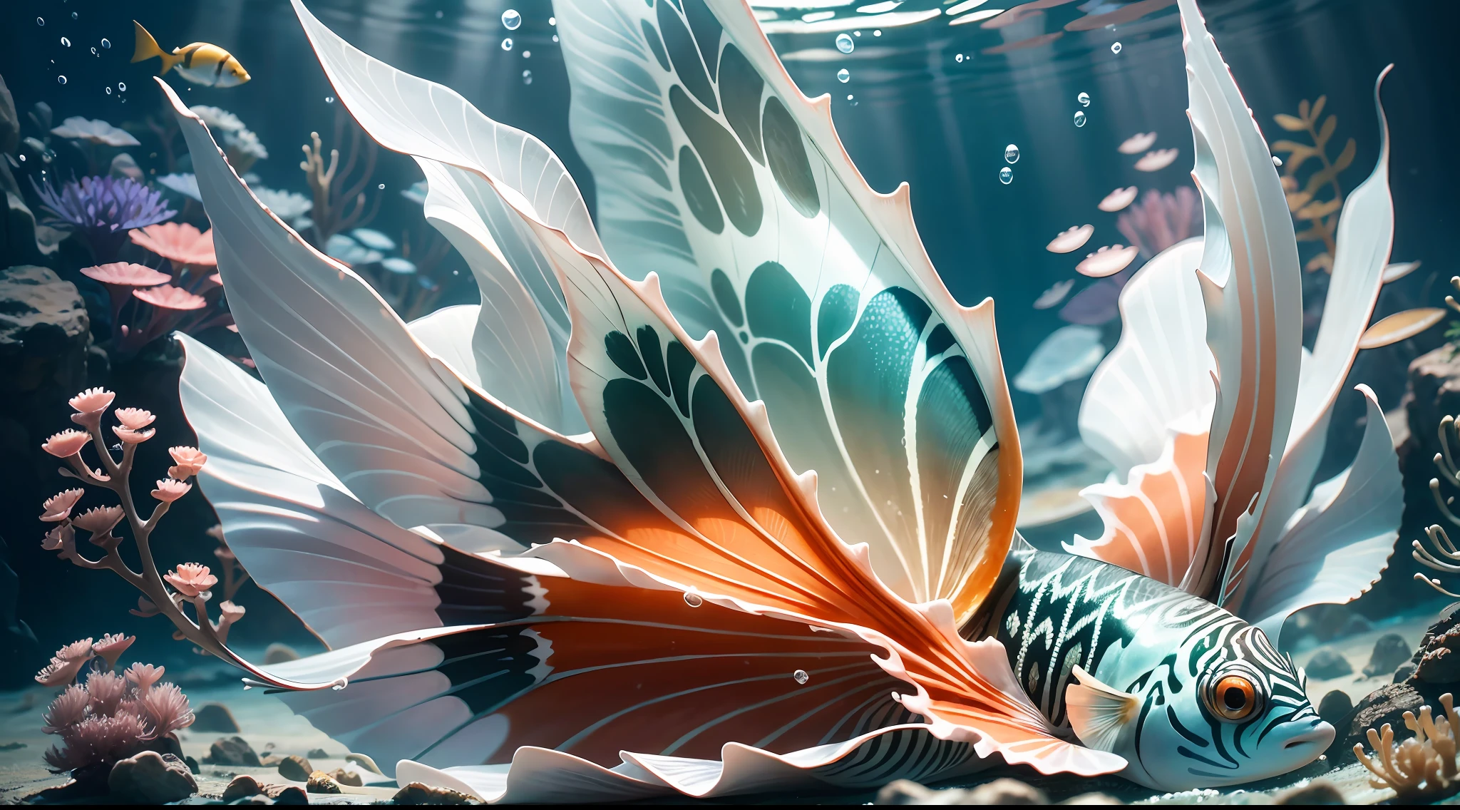 Zoom in on a single Pterophyllum fish named Wanda as it gracefully swims through a vibrant underwater world. Wanda's body is adorned with striking zebra-like stripes in contrasting black and white, creating a captivating visual pattern. The water surrounding Wanda is teeming with live algae and anemones, adding to the lively atmosphere. As the camera focuses on Wanda, the intricate details of its sleek body and delicate fins become prominent, showcasing its elegance and beauty. The image captures a close-up view of Wanda, allowing the viewer to appreciate the mesmerizing textures and colors of the fish up close. This detailed macro photograph is taken with a high-resolution camera and a specialized macro lens, ensuring every intricate detail is vividly portrayed