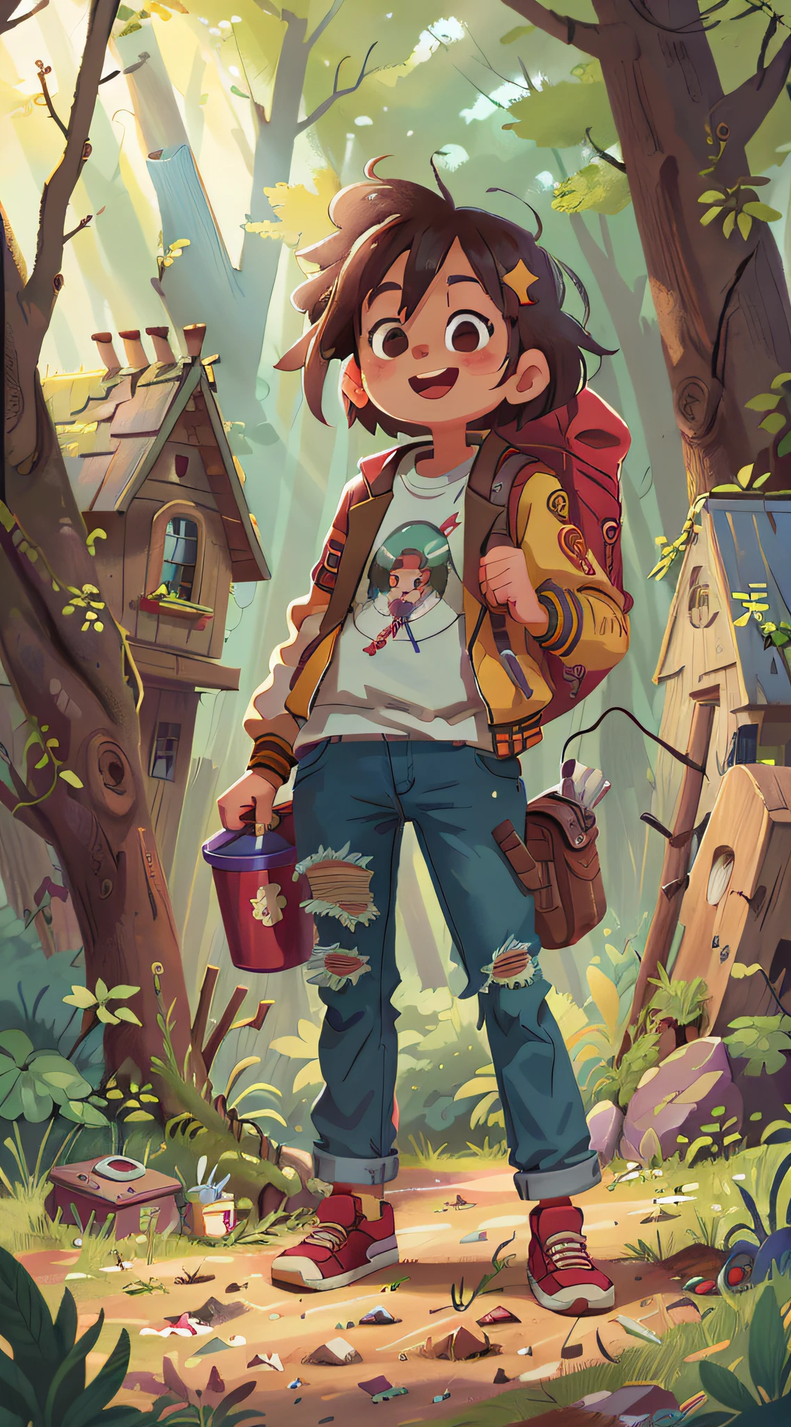 An adultredhead, adventure, leather jacket, backpack, torn geans pants, forest, sewage, dirt, garbage, abandoned old house in the background, happy, happy, perfect quality, clear focus (clutter - house: 0.8), (masterpiece: 1.2) (realistic: 1.2) (bokeh) (best quality) (detailed skin: 1.3) (complex details) (8K) (detail eyes) (sharp focus), (happy), (full body) (proportional whole body), clean background, long vision composition,  85MM SHOT