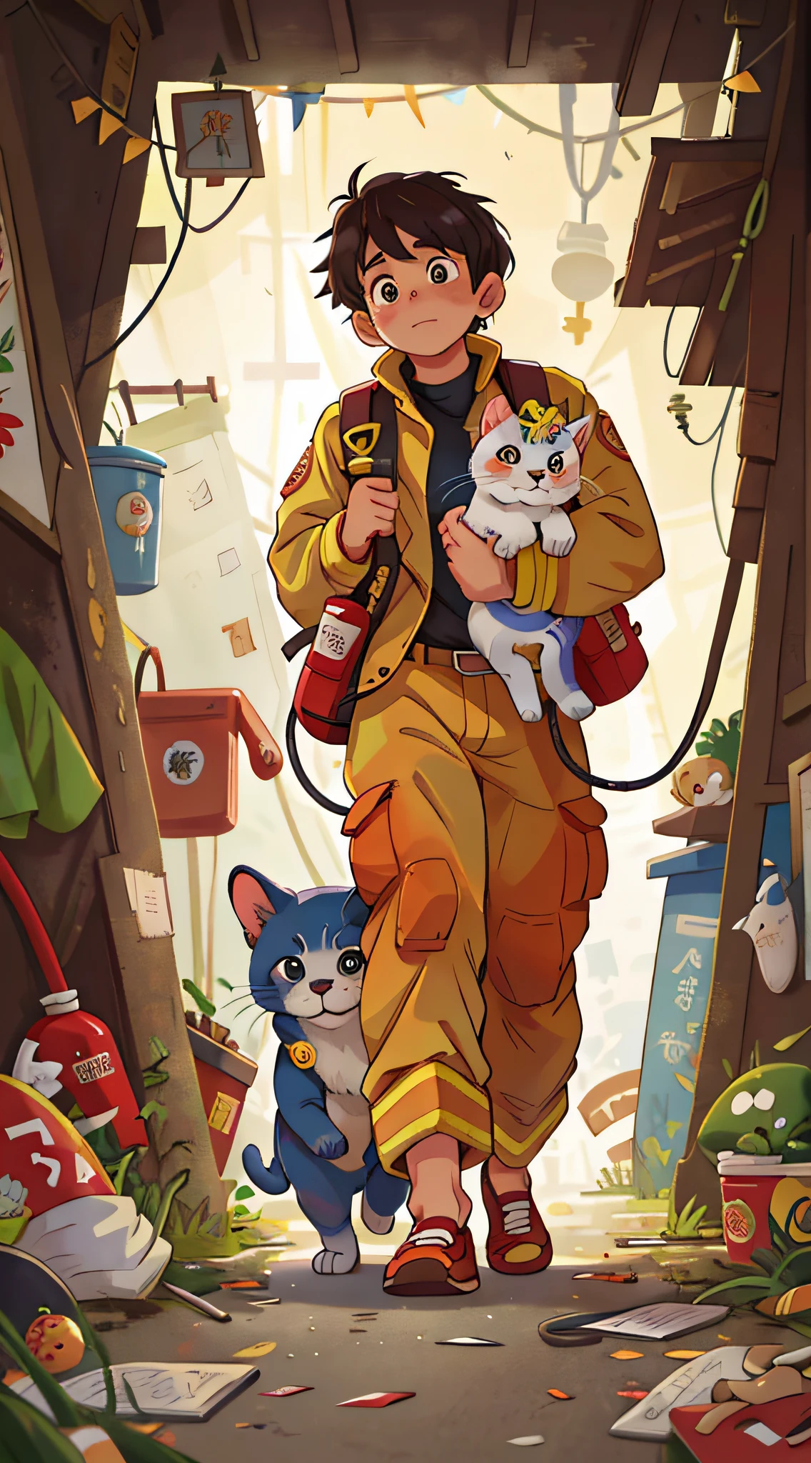 (A firefighter in a fire comes out of a kitten: 1.5), a person and a cat, pitiful, looking at each other, rushing out of the fire, clear focus (clutter - home: 0.8), (masterpiece: 1.2) (Realistic: 1.2) (Bokeh) (Best quality) (Detailed skin: 1.3) (Complex details) (8K) (Detail eyes) (sharp focus), full body, clean background, long frame composition, 85MM lens