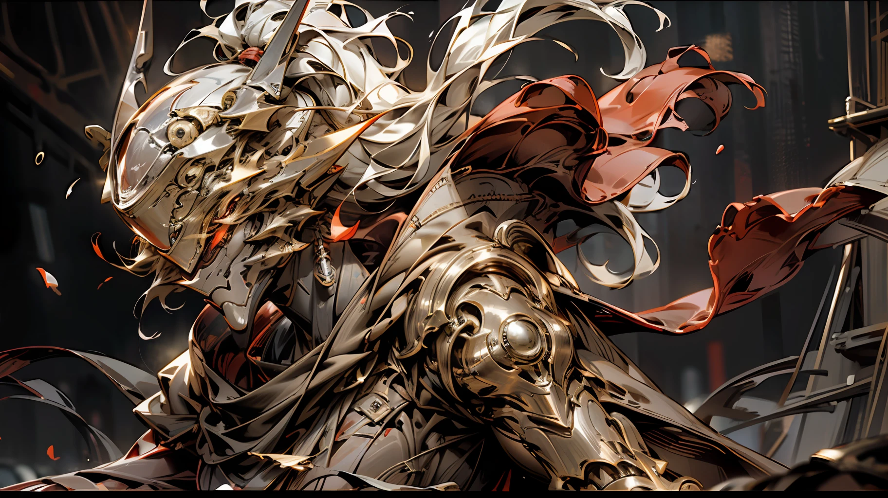 A mech, long silver-white ponytail and waist, V-shaped mechanical helmet, helmet eyes with red light, wearing a sexy mech suit, red torn cloak swaying in the wind, a red light effect smudged yellow glowing broad long sword, night, rain, a destroyed cyber, lifelike, best image quality, highest definition and clarity, original, surrealism, high detail, futurism, action painting, chiaroscuro, cinematic lighting, ray tracing, reflected light, cowboy lens, close-up, Combat posture drawing, layering, soft light,