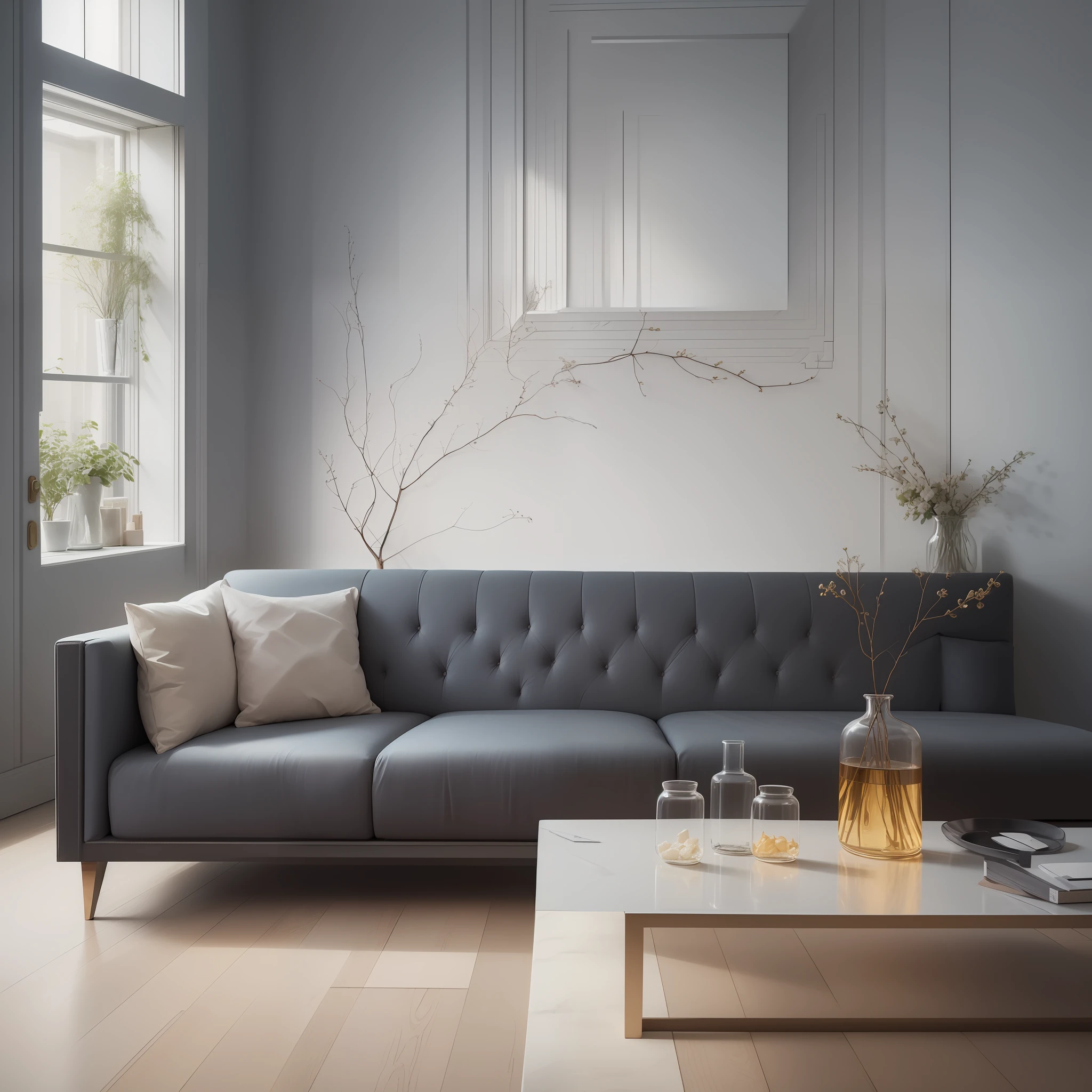 Immerse in the luxurious interior decor bathed in soft hues, embodying a perfect blend of minimalism and modern design. The space is clean and crisp, where white walls and furniture are beautifully offset by warm shades of brown and grey. The decor exudes understated elegance, with simple yet impactful pieces such as unique pendant lights and sculptural armchairs taking center stage. Natural light floods the space, highlighting the clean lines and geometric forms of the furniture. This collection is photographed by Juergen Teller, using a Nikon Z7 II equipped with a 24-70mm lens. The ingenious integration of natural and studio lighting creates an atmosphere that is both fashionable and refined. --auto --s2