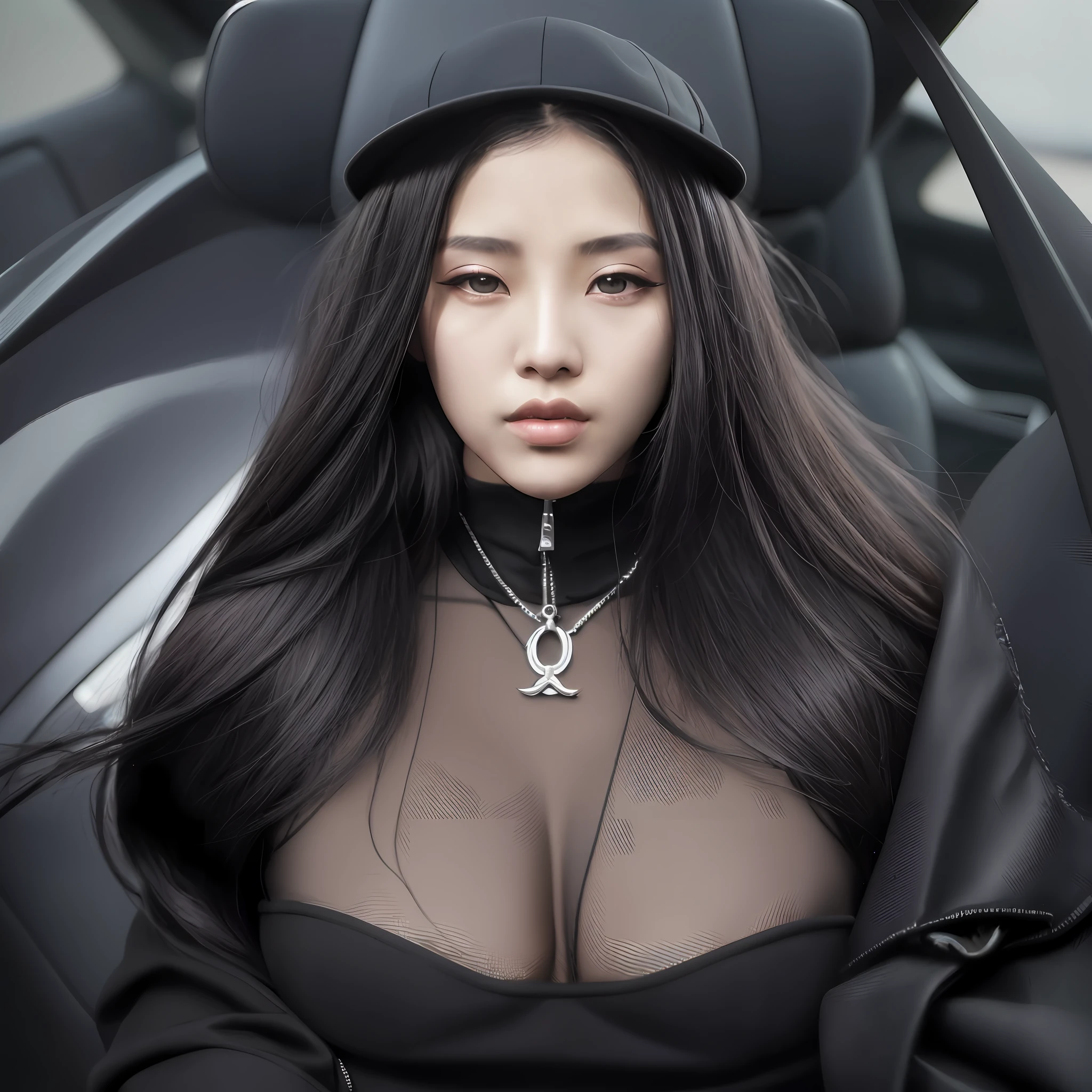 araffe woman in a black top and black hat sitting in a car, photograph of a techwear woman, korean woman, ross tran 8 k, japanese goddess, asian features, beautiful south korean woman, korean girl, an asian woman, sitting in her car, asian woman, wlop and ross tran, beautiful asian woman, gorgeous young korean woman