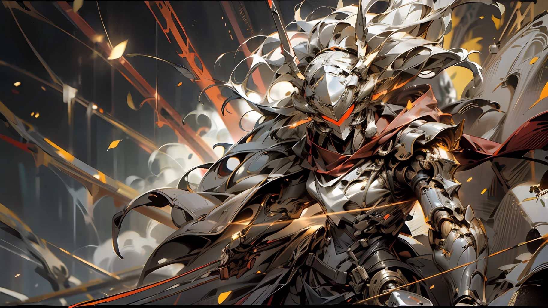 A mech, long silver-white ponytail and waist, V-shaped mechanical helmet, helmet eyes with red light, wearing a sexy mech suit, red torn cloak swaying in the wind, a red light effect smudged yellow glowing broad long sword, night, rain, a destroyed cyber, lifelike, best image quality, highest definition and clarity, original, surrealism, high detail, futurism, action painting, chiaroscuro, cinematic lighting, ray tracing, reflected light, cowboy lens, close-up, Battle posture drawing, layering