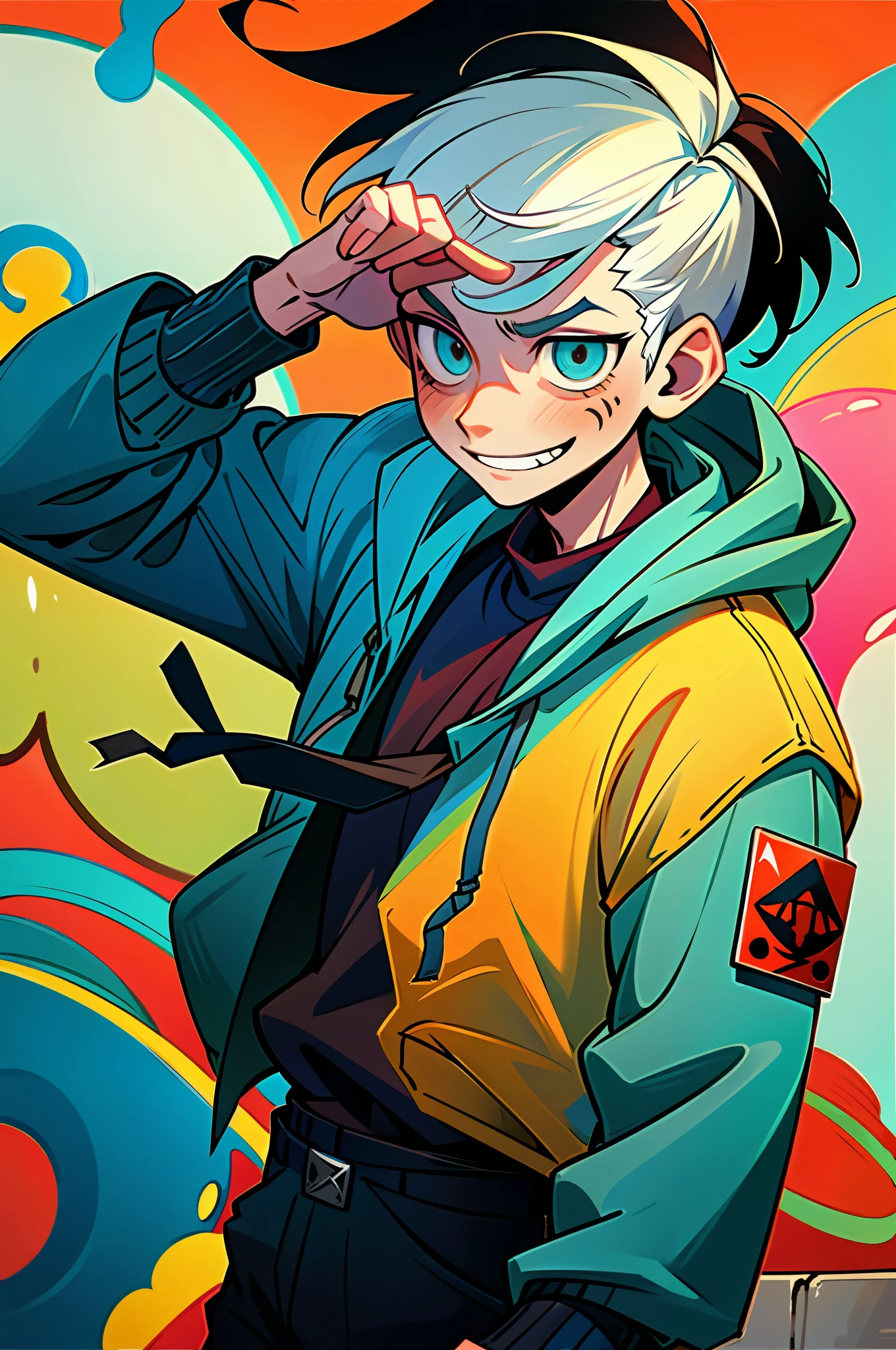 It is an illustration set in street paint art. Vivid graffiti and colorful murals paint in the background, giving it an urban and artistic feel.

In the center of the screen stands a boy wearing a hood. A nihilistic grin appears on his face, creating a slightly creepy vibe. A light of pain and anguish leaks from his eyes, expressing his inner complexity and philosophical side.

The boy is dressed casually, and the hood partially covers his face. His clothes are a little worn out, which speaks to his way of life and his struggles.

The surrounding area is lively and people come and go. However, the people around him are blurred, and the boy seems to be isolated. This is a rendition to express his inner loneliness and personality.

Reproduce the details in the highest quality, depicting the boy's facial expressions, the texture of his clothes, and the details of the street art in the background. Reflect the inner world of a nihilistic smiling boy while combining street energy and artistic elements.