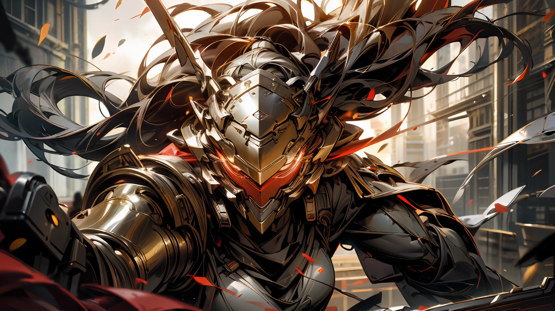 A mech, long silver-white ponytail and waist, V-shaped mechanical helmet, helmet eyes with red light, wearing a sexy mech suit, red torn cloak swaying in the wind, a red light effect smudged yellow glowing broad long sword, night, rain, a destroyed cyber, lifelike, best image quality, highest definition and clarity, original, surrealism, high detail, futurism, action painting, chiaroscuro, cinematic lighting, ray tracing, reflected light, cowboy lens, close-up, Battle posture drawing, layering