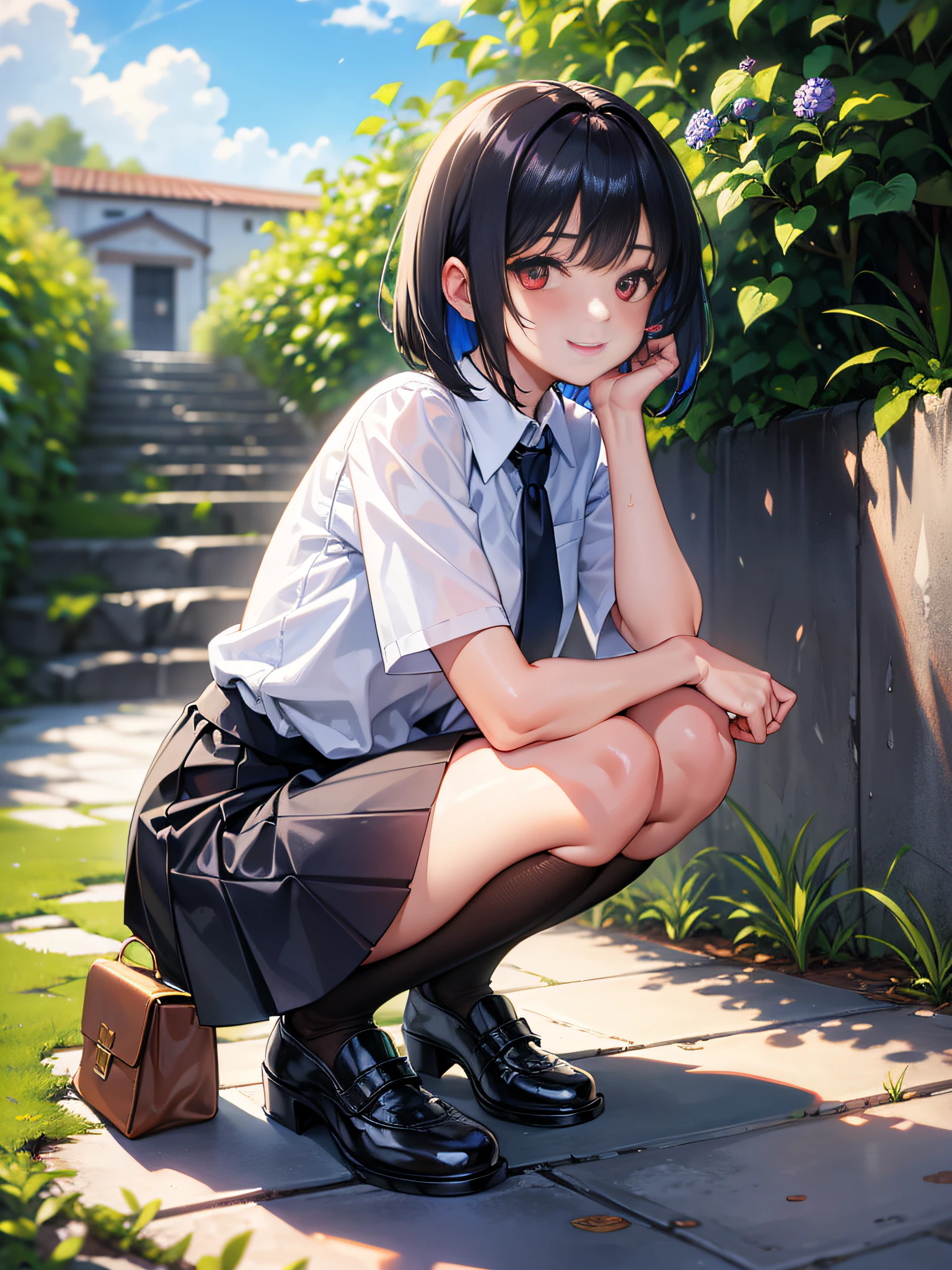 ((masterpiece, super detailed, fine detail, top quality, illustration)), blue sky, 20-year-old woman, beautiful woman, beautiful wet black hair, bob cut, beautiful red eyes, close-up, wet white shirt, tie, checked miniskirt, black socks, black shoes, a lot of hydrangea, rainbow visible, whole body, smile, looking up at the sky, squatting, white underwear,