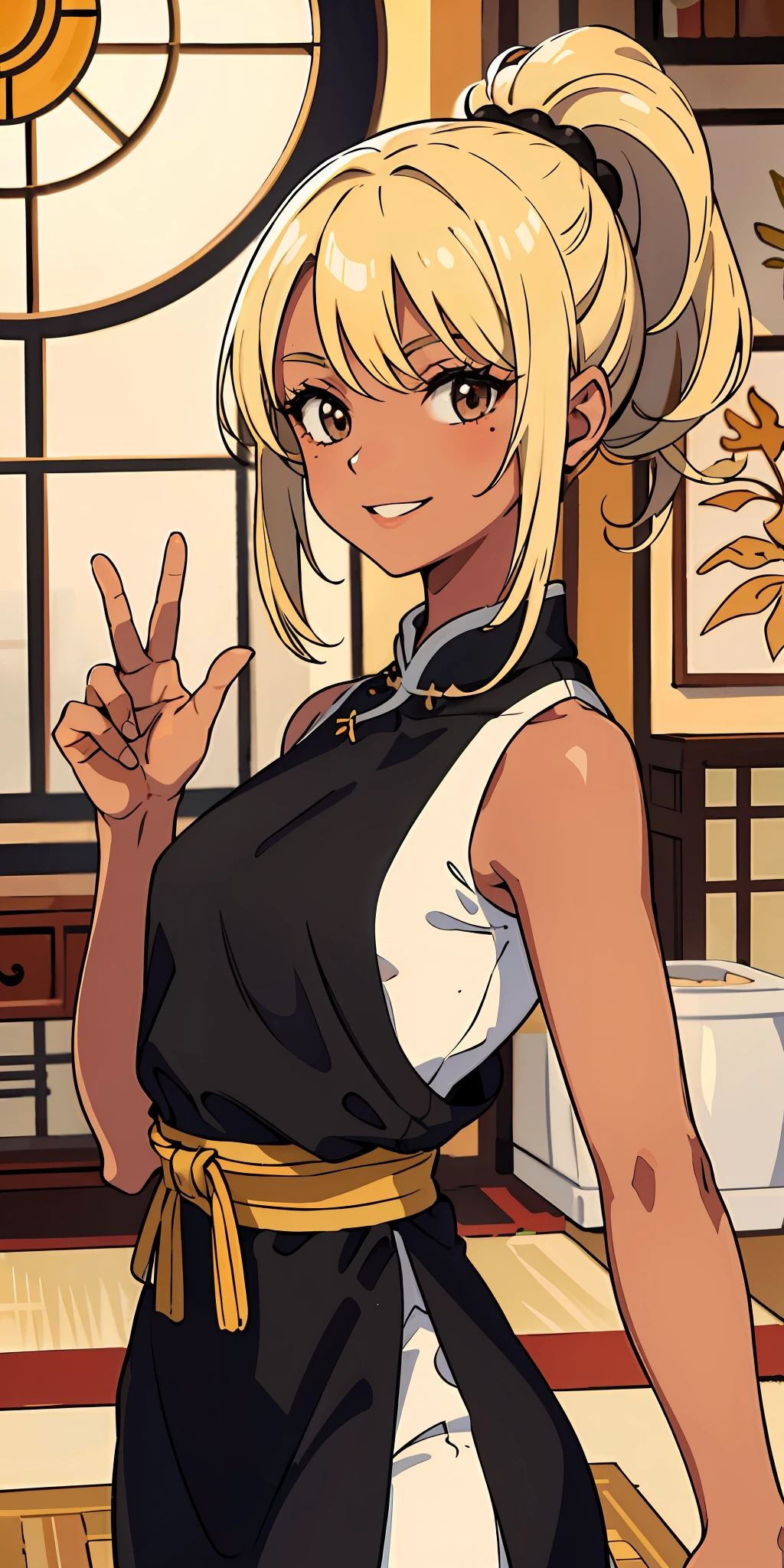 (top quality, masterpiece), 1 girl, 16 years old, stunning, smile, blonde, brown skin, tan, black china dress, kung fu, dojo, five fingers, mole, small, thin areola