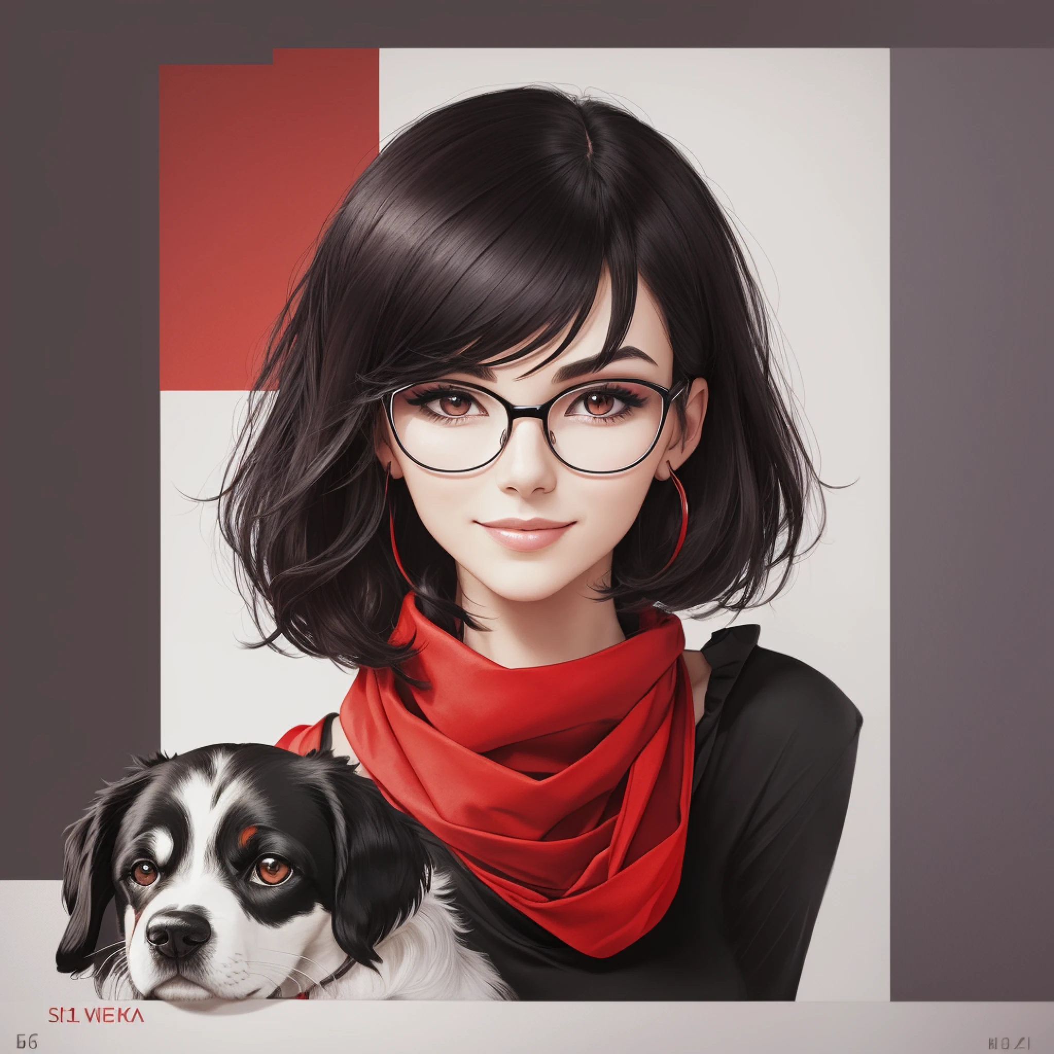 Slim woman, 1.63 meters, thin face, wavy straight hair, red and black colored hair, short hair up to the neck, angular eyebrows, medium sized nose, fleshy lips, smiling, wearing lilac glasses, wearing a blouse with neckline, medium-sized breasts, rounded, tattoo on the left arm of a black and white dog with red scarf. --auto --s2