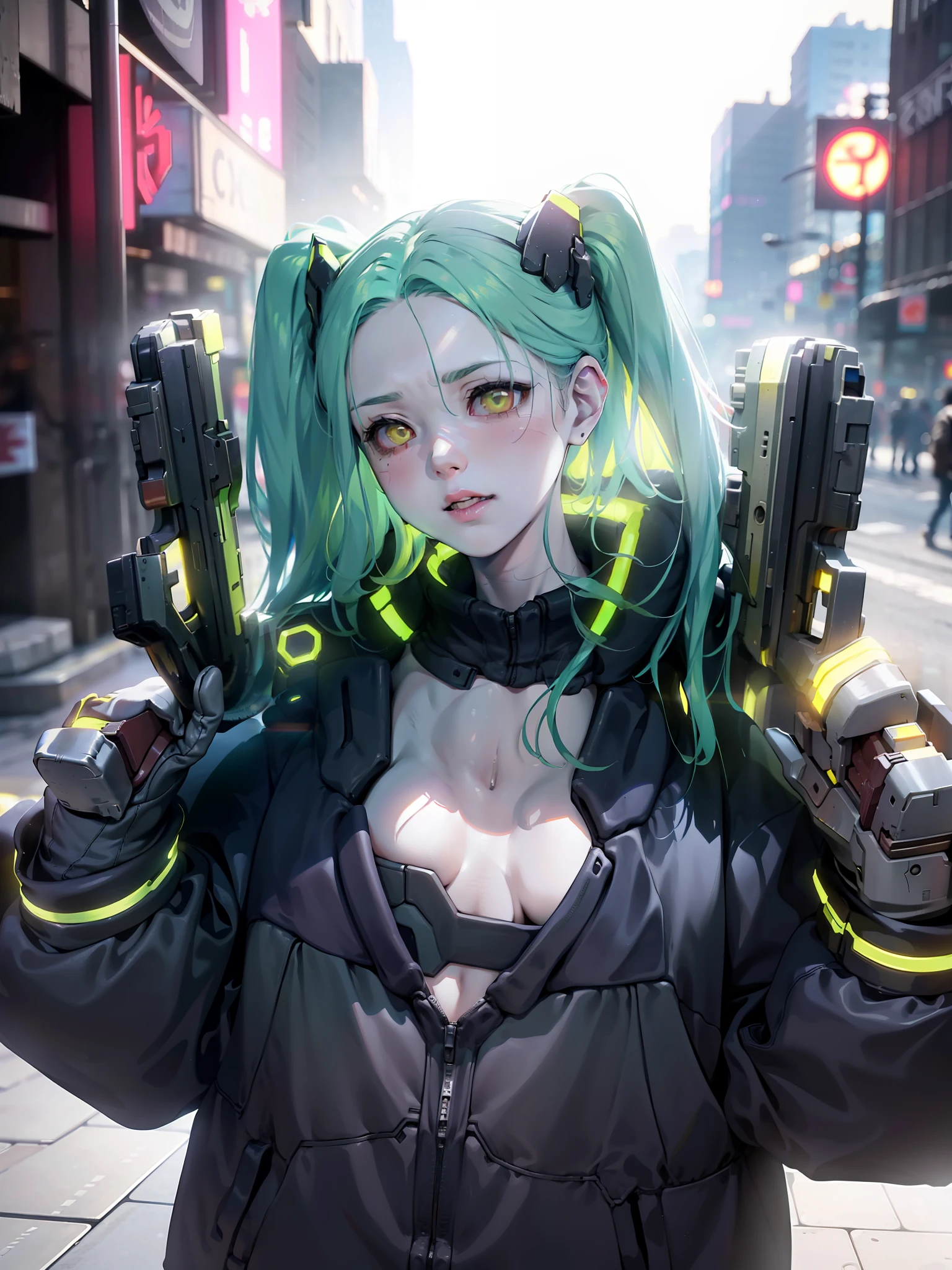 (8k, best quality, masterpiece: 1.2), (realistic, photo-realistic: 1.37), ultra-detailed, soft light, best quality, ultra highres, raw photo in HDR, sharp focus, intricate texture, skin imperfections, 1 girl, cute, solo, raw photo, Rebecca a green-haired robotic girl wearing a black jacket with yellow accents, holding pistols in her hands, 19yo, camel fingers, slim body, warm body, Bright skin, realistic textures, reflected lighting, volumetric lighting. In the background a cyberpunk city