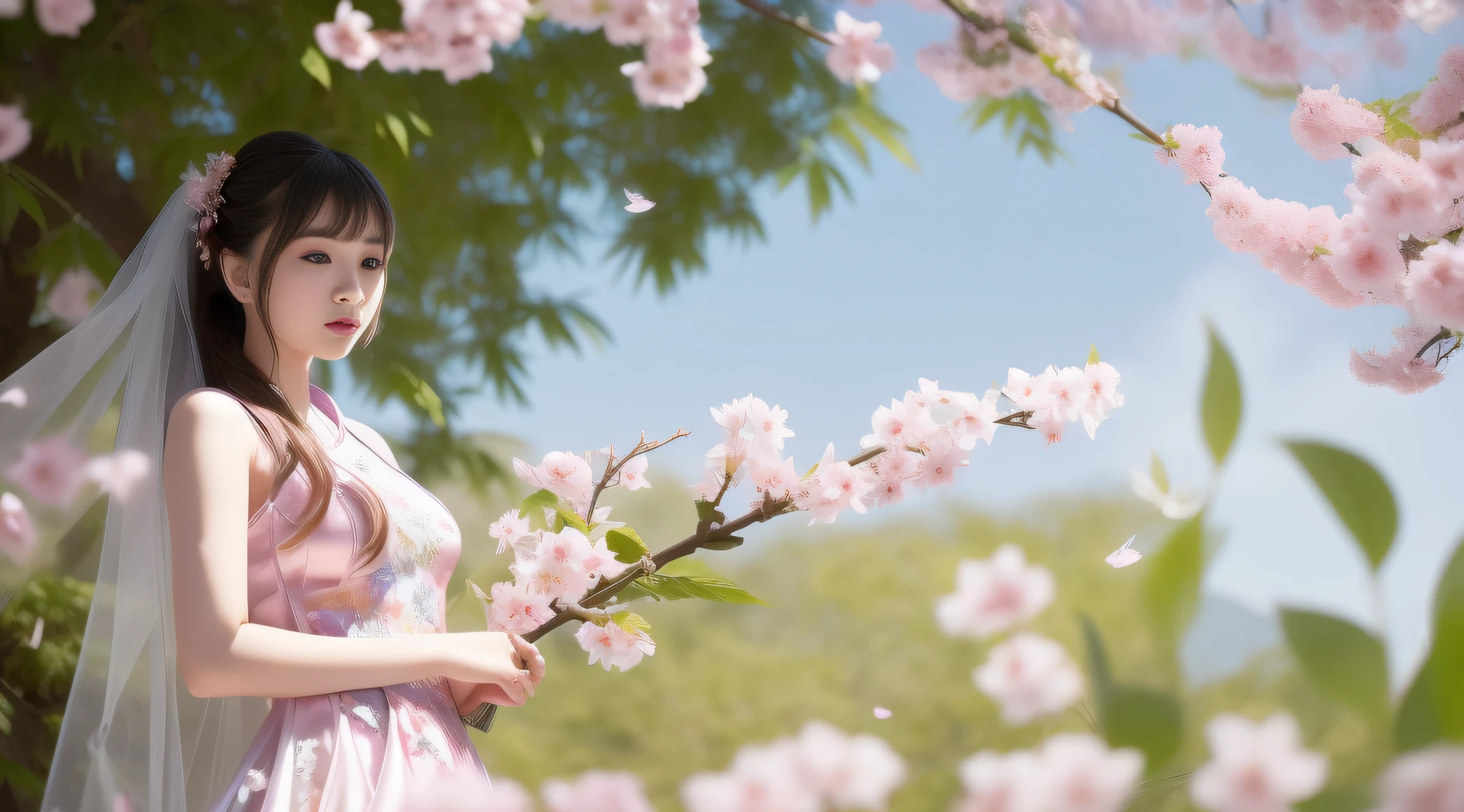 最佳质量，超高分辨率，（真实感：1.8），1girl，（最高细节面部：1.2），blue_sky，blurry，blurry_background，blurry_foreground，branch，bridal_veil，bride，cherry_blossoms，chinese_clothes，curtain_grab，窗帘，day，depth_of_field，flower，hanami，hanfu，lips，long_hair , outdoors, parted_lips, petals, pink_flower, pink_theme, plum_blossoms, shawl, solo, solo_focus, spring_\(season\), tree, upper_body, veil, wedding, wedding_dress, 紫藤花