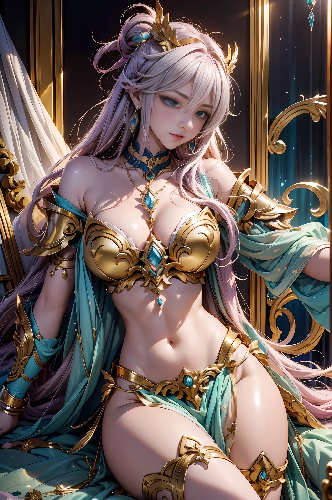 Saigarius Saint Seiya in cyberpunk style, (God of War) (Saint Seiya: 2) (Gold Armor: 2), (Gold Texture: 1.5) (Legs open: 2) on stomach, leg lift, reclining (open air) (hips) Panties for the audience to show (off-the-shoulder) (with countless super gems) (Super large gem pendant: 2), crazy details (with water flowing through the body: 1.5) Full body, stockings, (kick: 2), Noble details, full grass, full length, full frame, epic pose, (gorgeous jewelry) yellow hair (necklace earrings) pendant, (set + large gems), large diamonds, gold, ruby), waterfall, bath side, unrealistic engine style, detailing, ultra-realistic, boca effect, shot in the style of David La Chapelle, Bioluminescent palette: lilac, pale pink, bright white, wide-angle, ultra-fine, cinematic still life, vibrant, WLOP and Sakimichan, Artgerm style, underboob, Perfect eyes, highest image quality 16K, inspired by Harry Winston, shot on the Canon EOS R 6, masterpiece --s2