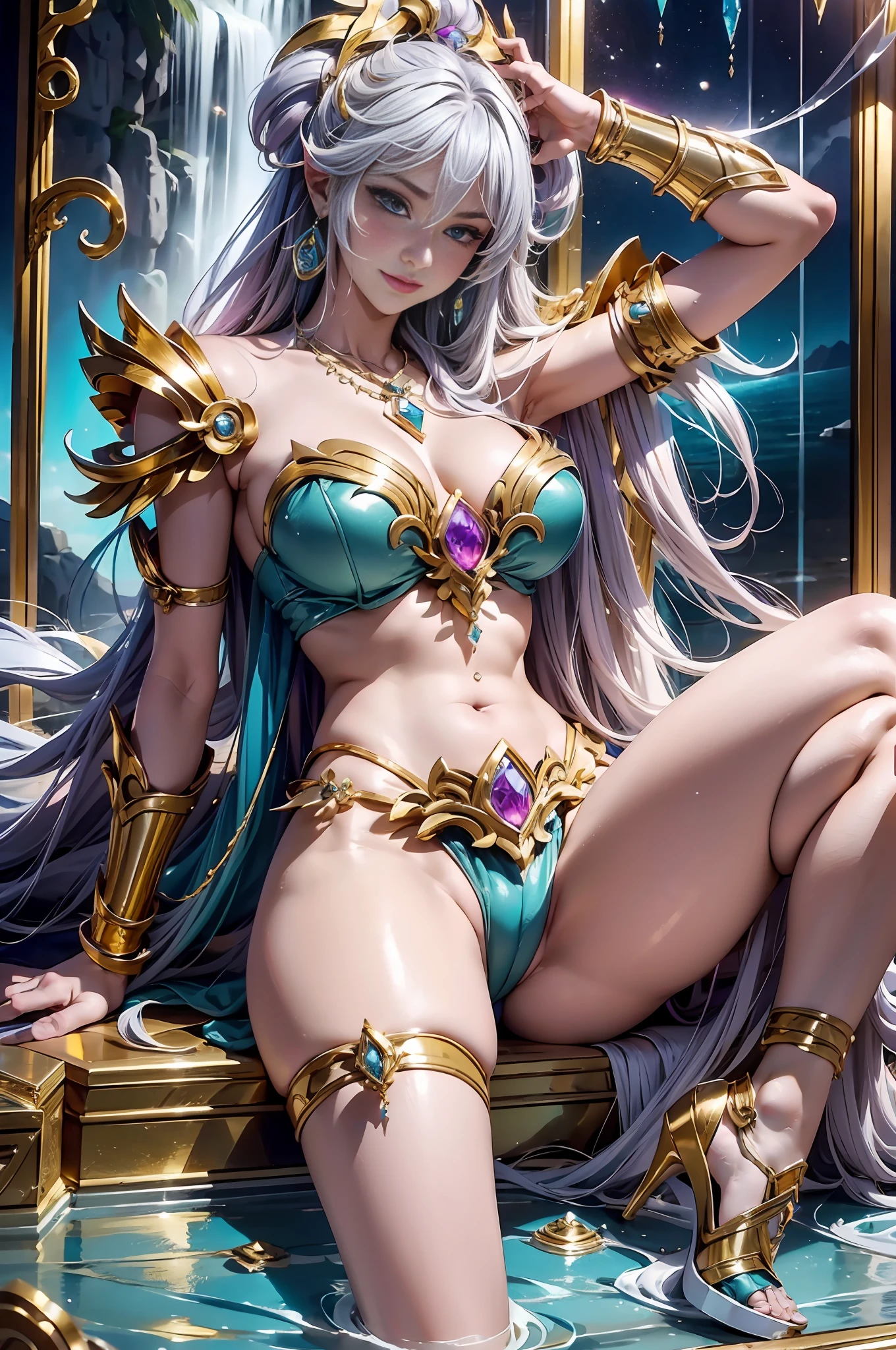 Saigarius Saint Seiya in cyberpunk style, (open legs bent and raised: 1.5) (God of War) (Saint Seiya: 2) (Gold armor: 2), (Gold texture: 1.5) on stomach, reclining (open air) (hips) Panties for the audience to see (off-the-shoulder) (with countless super gems) (super large gem pendant: 2), crazy details (with water flowing through the body: 1.5) Full body, stockings, (kicks: 2), aristocratic details, panorama, full length, full frame, epic pose, (gorgeous jewelry) yellow hair (necklace earrings) pendant, (set + big gemstones), large diamonds, gold, ruby), waterfall, next to the bath, unrealistic engine style, detailing, ultra-realistic, boca effect, shot in the style of David La Chapelle, Bioluminescent color palette: lilac, pale pink, bright white, wide angle, ultra-fine, cinematic still life, vibrant, WLOP and Sakimichan, Artgerm style, underboob, Perfect eyes, highest image quality 16K, inspired by Harry Winston, shot on the Canon EOS R 6, masterpiece --s2