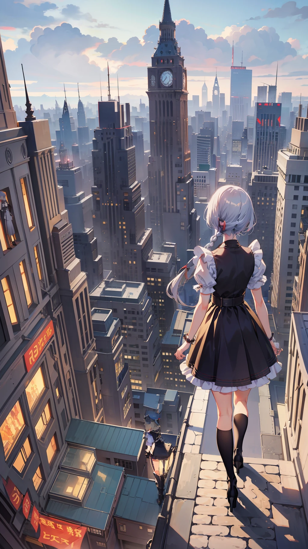 Overlooking the city, 1 girl full body, elf, silver hair, red eyes, bob cut, braid, maid, goth loli, walking, beautiful cityscape, concept art, beautiful anime scene, beautiful anime landscape, top rating on pixiv, top quality, 4K