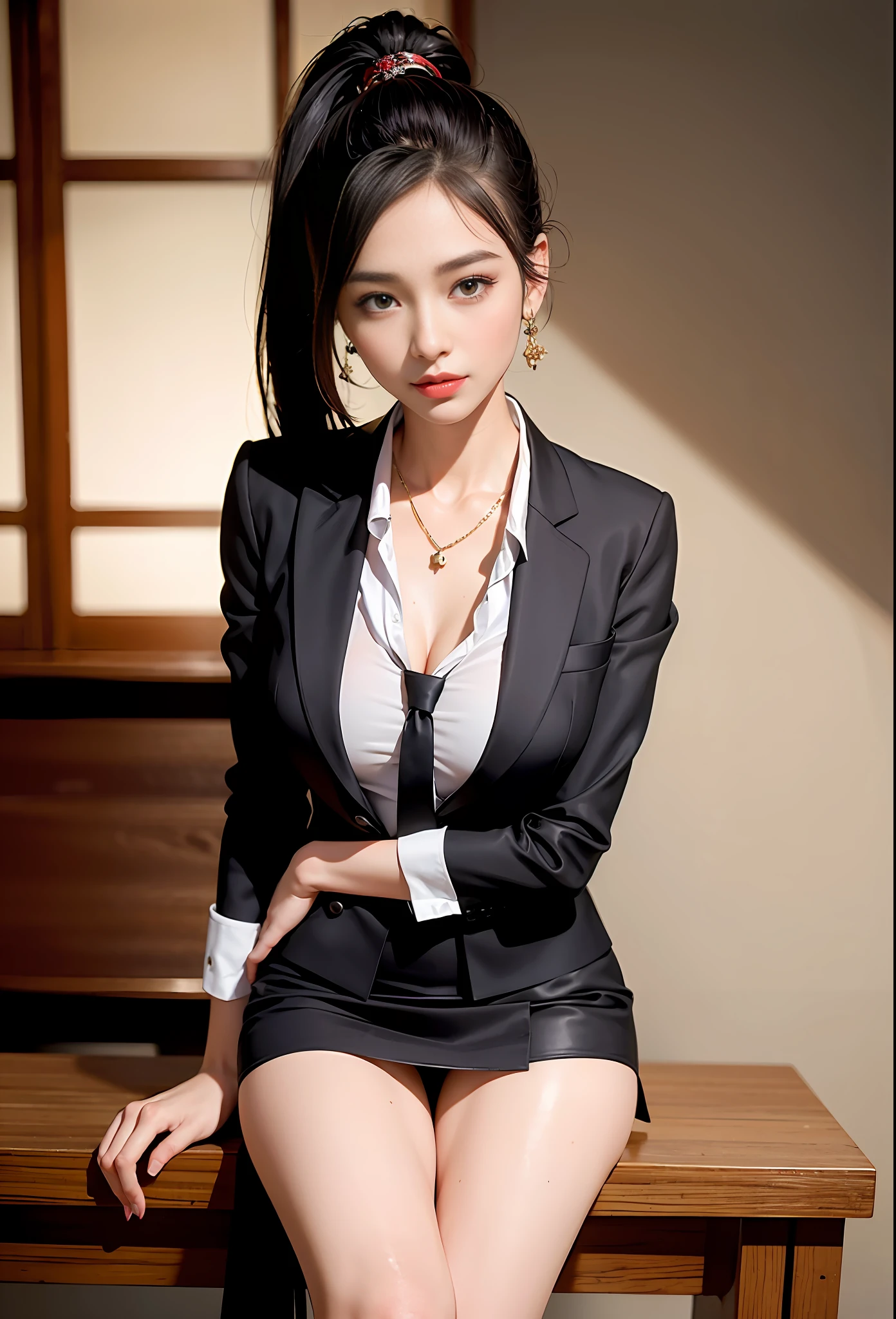 Sophisticated, masterpiece, beautiful details, colorful, fine details, delicate lips, intricate details, big breasts, 1 female, (a beautiful 20 year old cute Korean female: 1.1), (kpop idol, mixed Korean), ( 50mm Sigma f /1.4 ZEISS lens, F1.4, 1/800s, ISO 100, photograpy:1.1), (ponytail+black hair:1.2), (photorealistic:1.4), (spy:1.2), (open jacket, shirt, skirt, tie, black pantyhose, christian louboutin\(brand\),: 1.3), earrings, necklace, armband, (tavern, bar: 1.2), (beautiful legs, tall girl, skinny, slim_legs, thigh_gap, model :1.2), lens flare, viewed from the front, (happy smile: 1.1), dynamic pose, (makeup: 1.2), sitting on a bar stool,