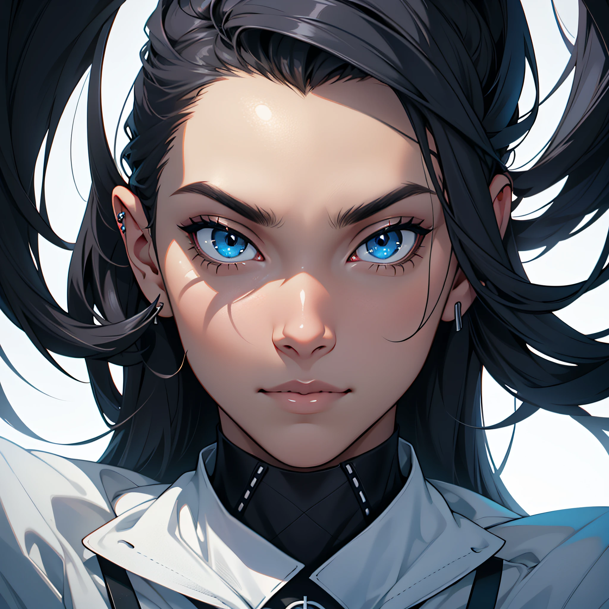 (mid closeup)A person with a perfectly symmetric face,clear and sharp, looking straight into camera with piercing eyes,head slightly tilted to the side, against a dark background. Bonus if the lighting creates an alluring contrast.