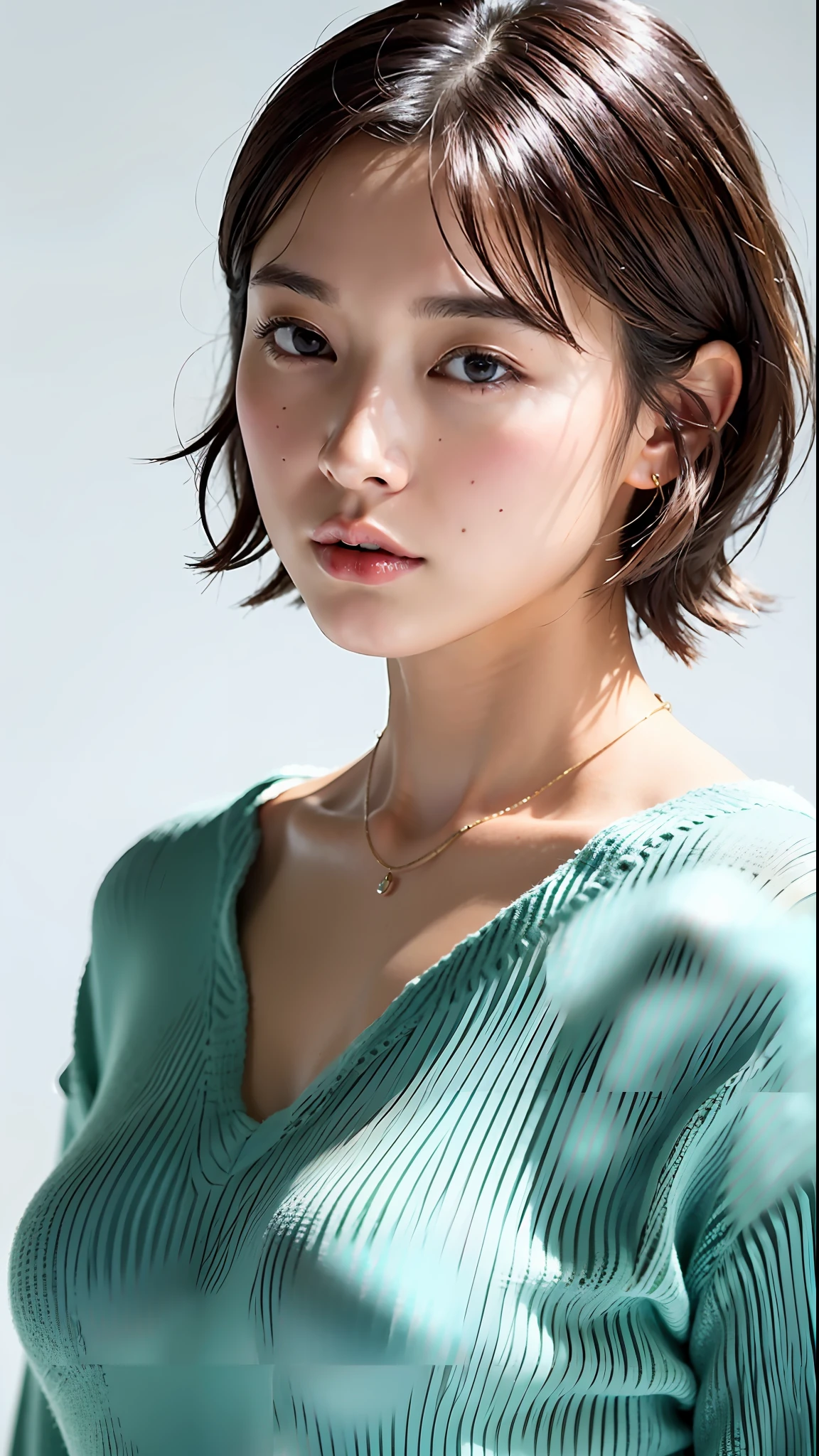 (highest quality, 8k, 32k, masterpiece, UHD: 1.2), pictures of cute Japan women, big breasts, very short bob hair, upper body, face focus, summer knitwear with open breasts, necklace, simple background, from above, look at the viewer,