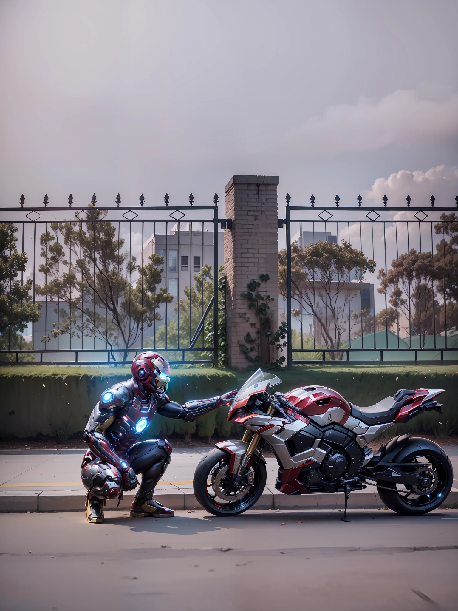 Iron Man and Cyber Mechanical Motorcycle, Full Body Exquisite High-Tech Armor, Exquisite Black Tech Helmet, Nousr, Biomechanics, MSHN Robot Man, High-Tech Helmet, Hyperreal, Steel, Intricate Design, Crazy Details, Fine Details, Extremely Clear Lines, Cinematic Lighting, Photo Realisticity, Detailed Masterpiece