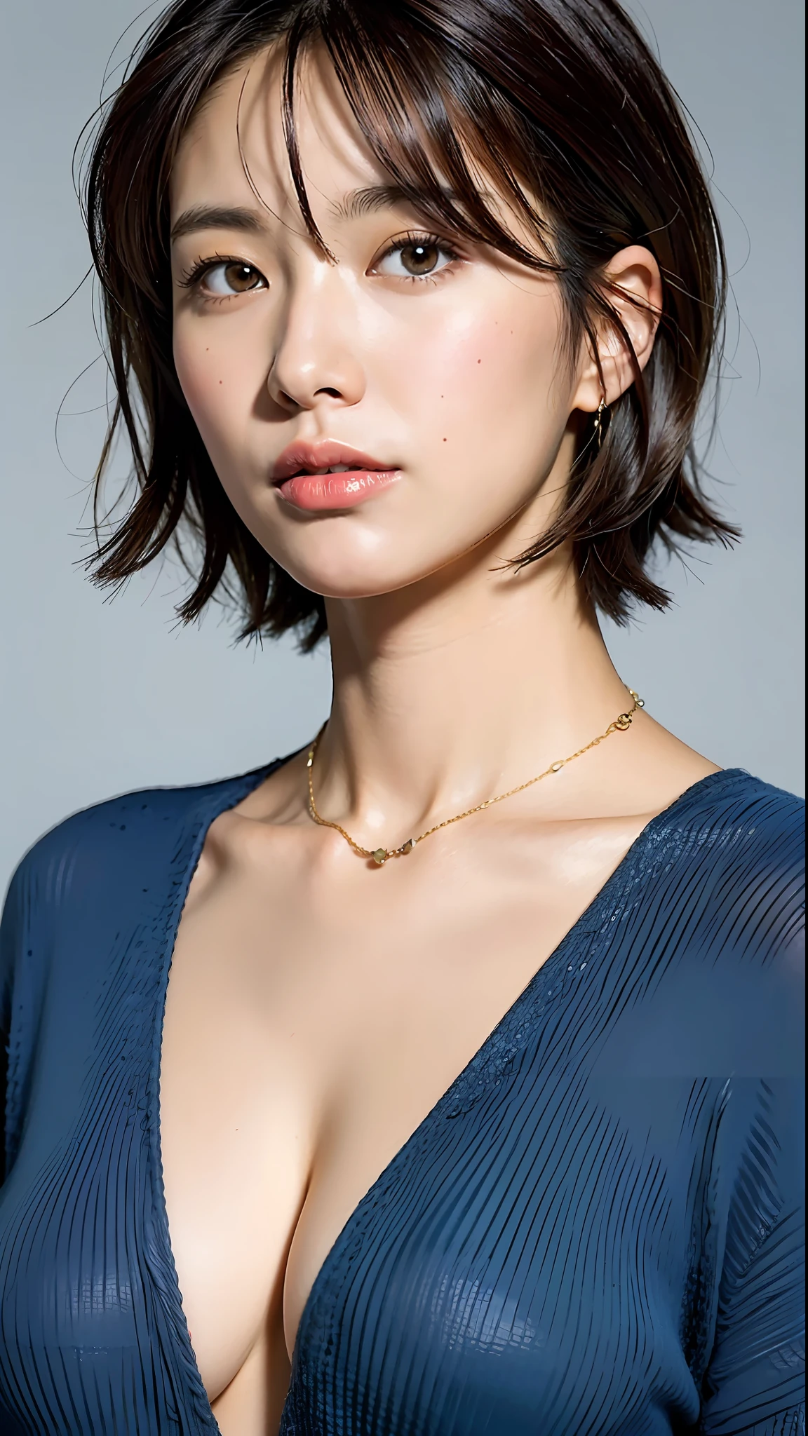 (highest quality, 8k, 32k, masterpiece, UHD: 1.2), pictures of cute Japan women, big breasts, very short bob hair, upper body, face focus, summer knitwear with open breasts, necklace, simple background, from above, look at the viewer,
