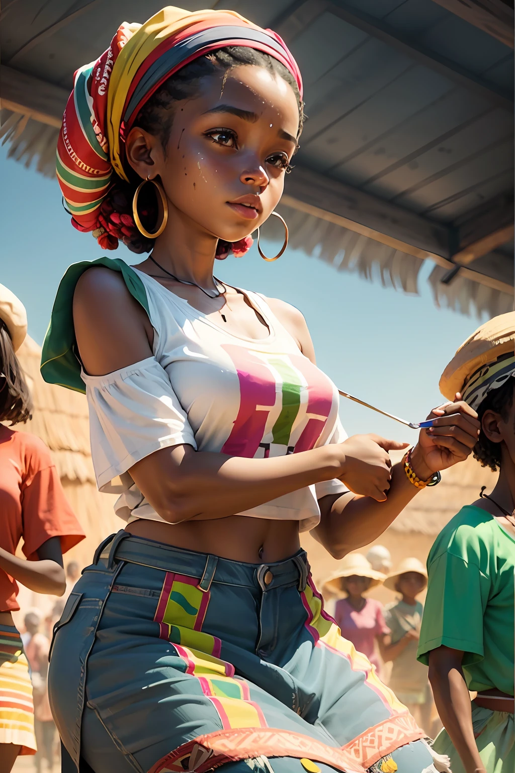 t-shirt print, "a watercolor painting depicts vibrant African villagers engaged in community activities and valuing their cultural heritage" in a silhouette design, 3D vector art, cute and quirky, bright bold coloring, low poly, isometric style, retro aesthetic, character-focused, 4K resolution, photorealistic rendering, using Cinema 4D, front, 8K --auto --s2