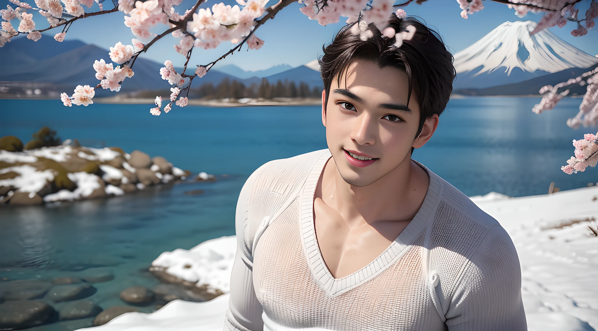 (one young man), one handsome muscular young man, (Mt. Fuji with a lot of snow and many cherry Blossoms blooming, blue sky in the background), mischievous smile, (details: 1 1), natural muscles, high quality, beautiful eyes, (detailed face and eyes), (faceless: 1 2), noise, real photography、... PSD, Sharp Focus, High Resolution 8k, Real & Professional Photography, 8K UHD, Soft Lighting, High Quality, Film Grain, FUJIFILM XT3