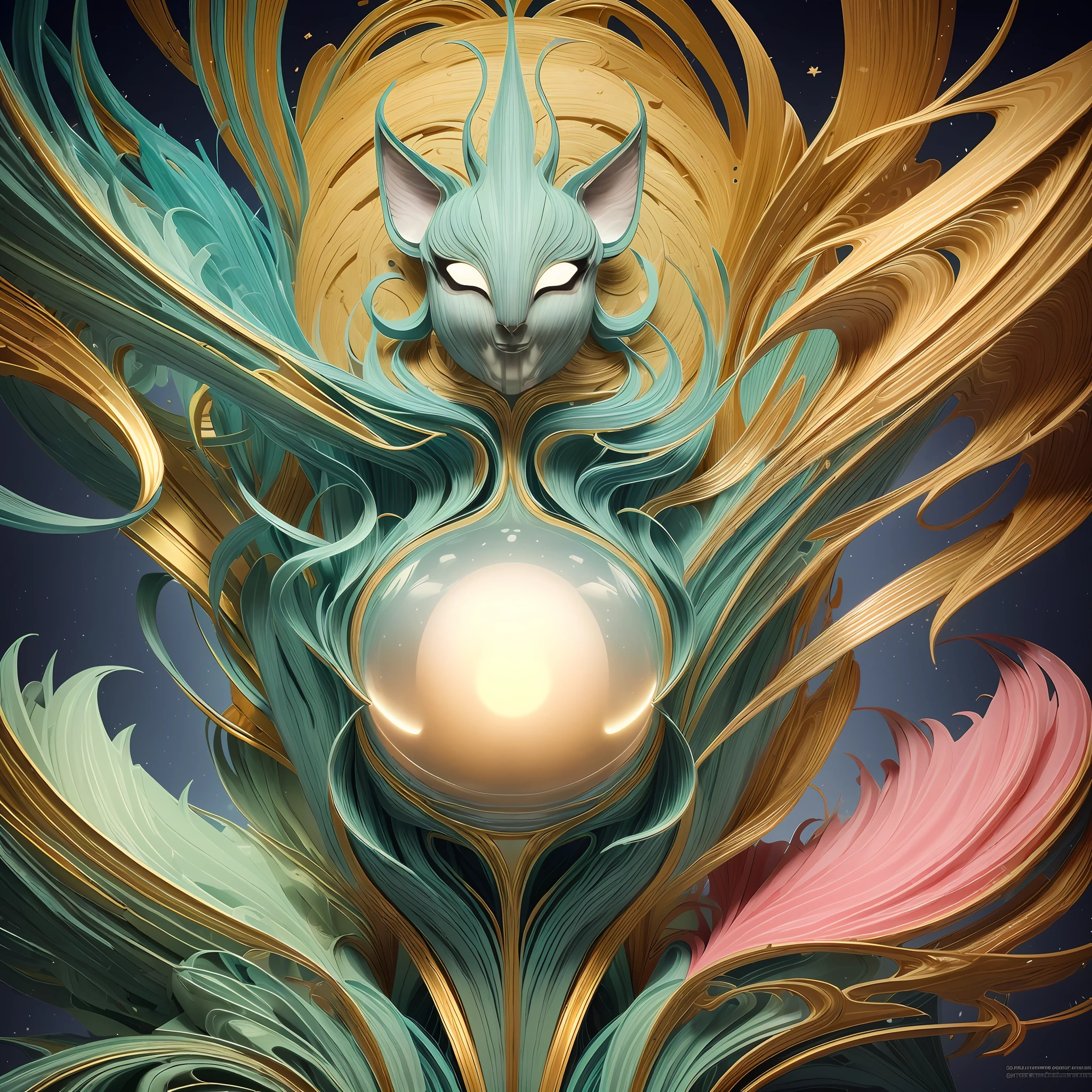 (sculpture hyperrealistic photorrealistic: 1.5), (DMT aura of kittybot shaman with a transparent helmet with a protruding brain: 1.4), (metal wings: 1.2), (kitsune futuristic mask: 1.2), (cyberpop kawaii fractal art: 1.6), (Tobias Gremmler art style of fluid and dynamic forms: 1.6), (organic-geometric mixture: 1.6), (the shaman's head reflects happiness as a state of mind and the mind in surreal ways: 1.2), (mask creates motion and warping in light: 1.3), (ultra-high resolution: 1.4), (ray tracing illumination: 1.4), (subsurface scattering skin: 1.2), (particle effects: 1.4), (depth of field: 1.4), (geometric-dotist abstraction: 1.6), (generative fluid fractal algorithm: 1.6).