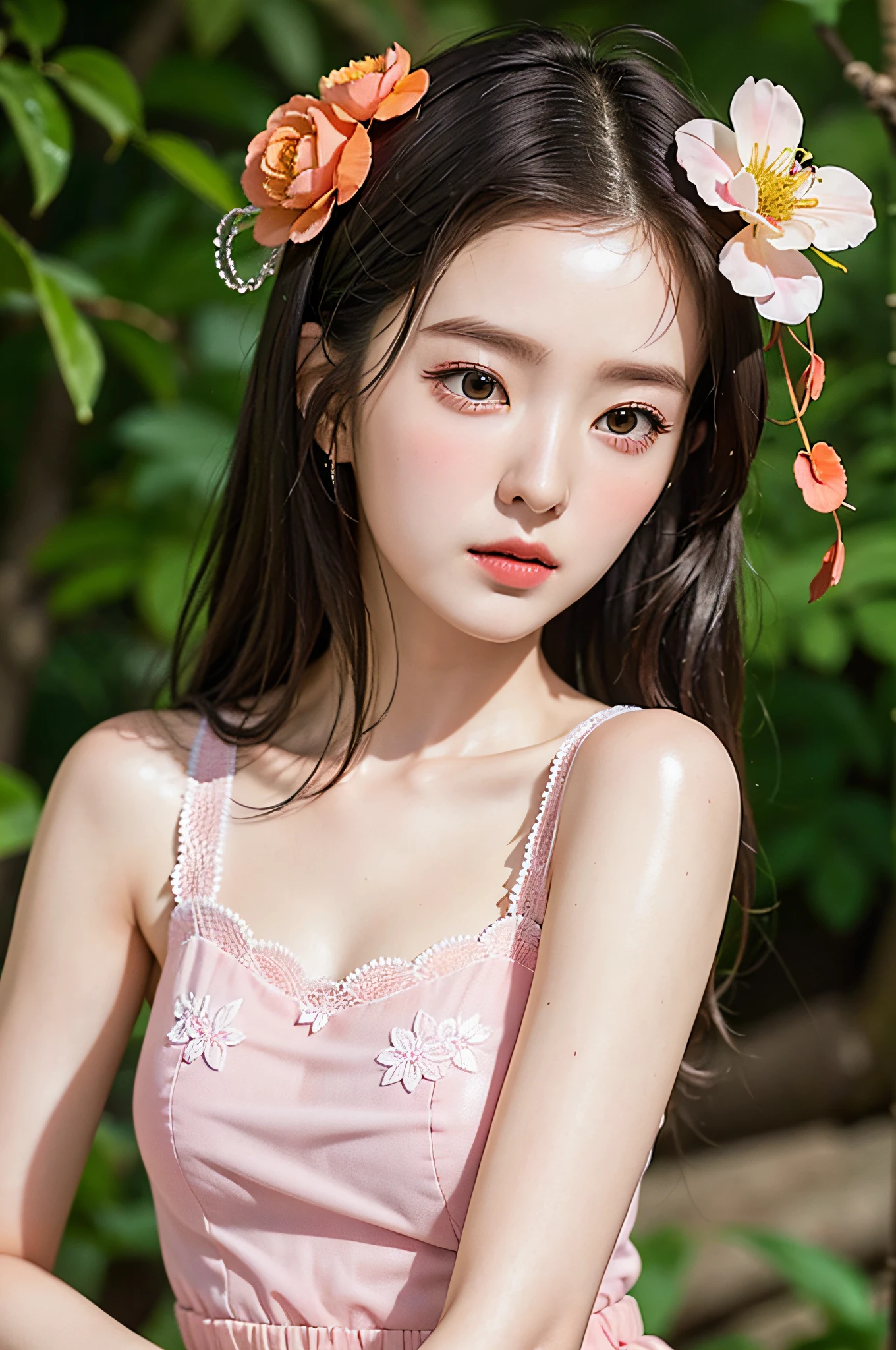 ((very detailed CG)), ((8k)), beautiful maiden, flowers, suit, peach blossom, peach blossom Forest, a girl, beautiful face, long