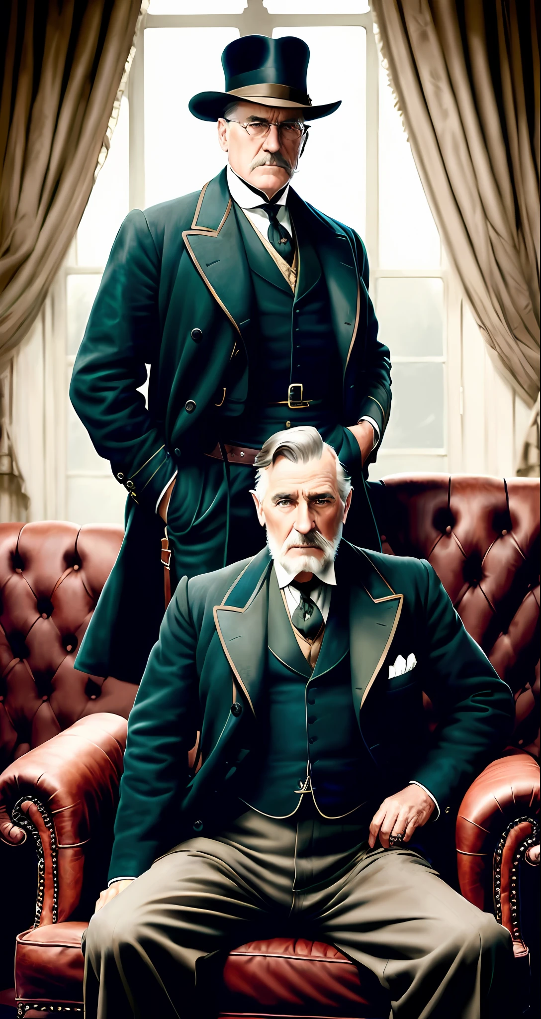 (modelshoot style), (from_bottom:1.3), (hand_on_hip:1.2), big game hunter, 1890, Victorian age, old, male, a character portrait, art by Artgerm and Greg Rutkowski and Magali Villeneuve, style, (MDJRNY-V4 style) sitting on the couch