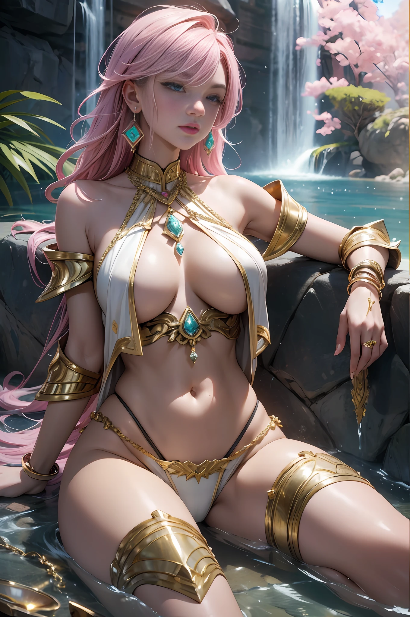 Saijourn Saiya Saiya, Saij, a cyberpunk style, lying on jewels, (Gold Sky Armor: 2), (Gold Texture: 1.5) (Leg: 2) on stomach, leg lift, reclining (open air) (hips) Panties for the audience to show (off-the-shoulder underwear) (with a super large gem pendant on the chest: 2), crazy details (with water flowing through the body: 1.5) Full body, stockings, (kicks: 2), noble details, full grass, full length, full frame, epic pose, (Gorgeous jewelry) yellow hair (necklace earrings) pendant, (set + big gemstones), large diamonds, gold, ruby), waterfall, next to the bath, unrealistic engine style, detailing, ultra-realistic, boca effect, shot in the style of David La Chapelle, Bioluminescent palette: lilac, pale pink, bright white, wide angle, ultra-fine, cinematic still life, vibrant, WLOP and Sakimichan, Artgerm style, underboob, perfect eyes, Highest image quality 16K, inspired by Harry Winston, shot on the Canon EOS R 6, a masterpiece --s2