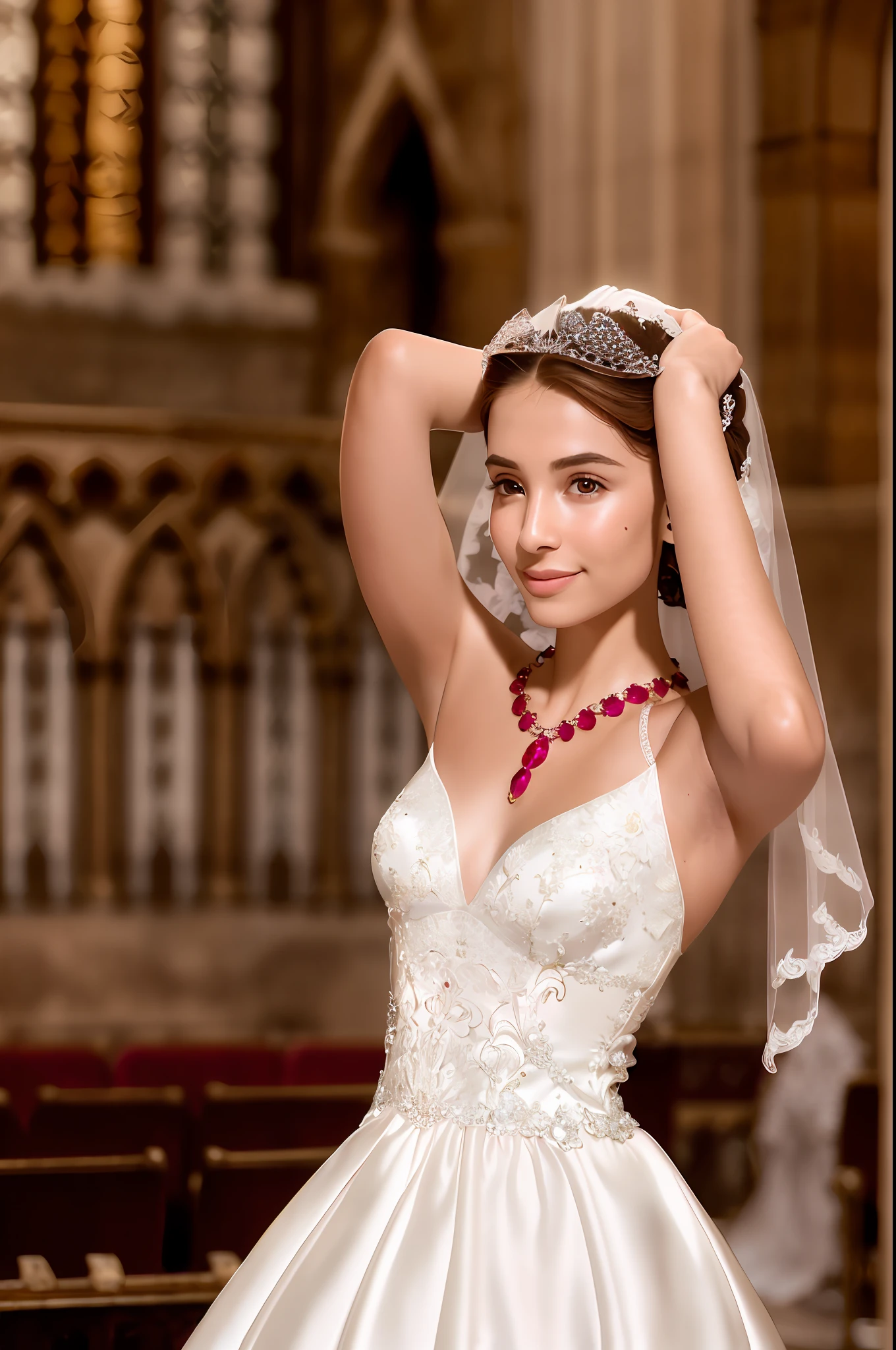 masterpiece, (photorealistic:1.4), best quality, beautiful lighting, medieval chapel, indoors, upper body, 1 girl, natural beautiful female, slender woman, ((small breasts)). noble Bride of July, blushing face, smiling, ((chignon hair)), emerald eyes, detailed, intricate, RAW photo, 8k uhd, film grain,
(((gorgeous ruby lace wedding dress, wedding veil))), arms up,
extremely detailed gorgeous gorgeous ruby tiara, ruby necklace