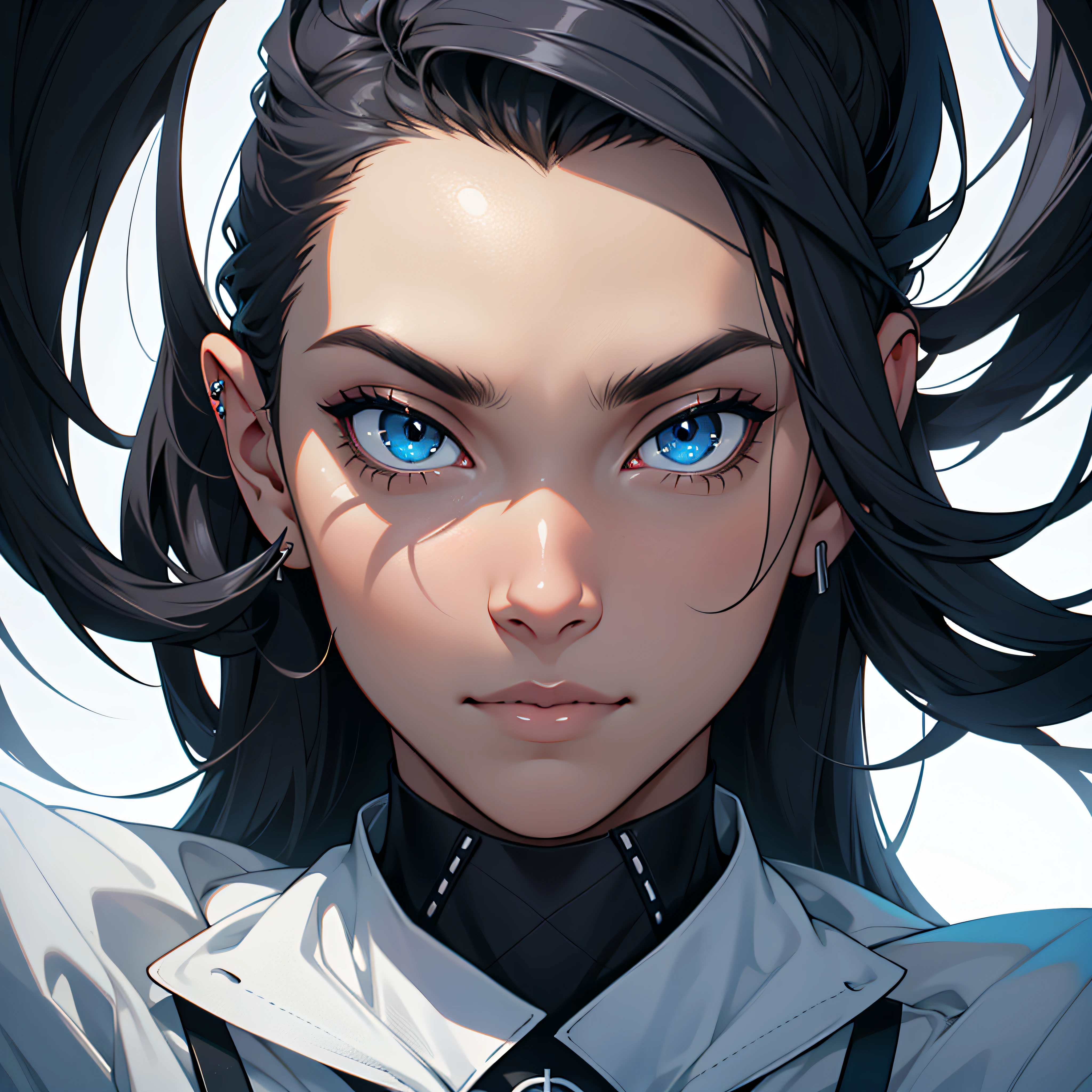 (mid closeup)A person with a perfectly symmetric face,clear and sharp, looking straight into camera with piercing eyes,head slightly tilted to the side, against a dark background. Bonus if the lighting creates an alluring contrast.
